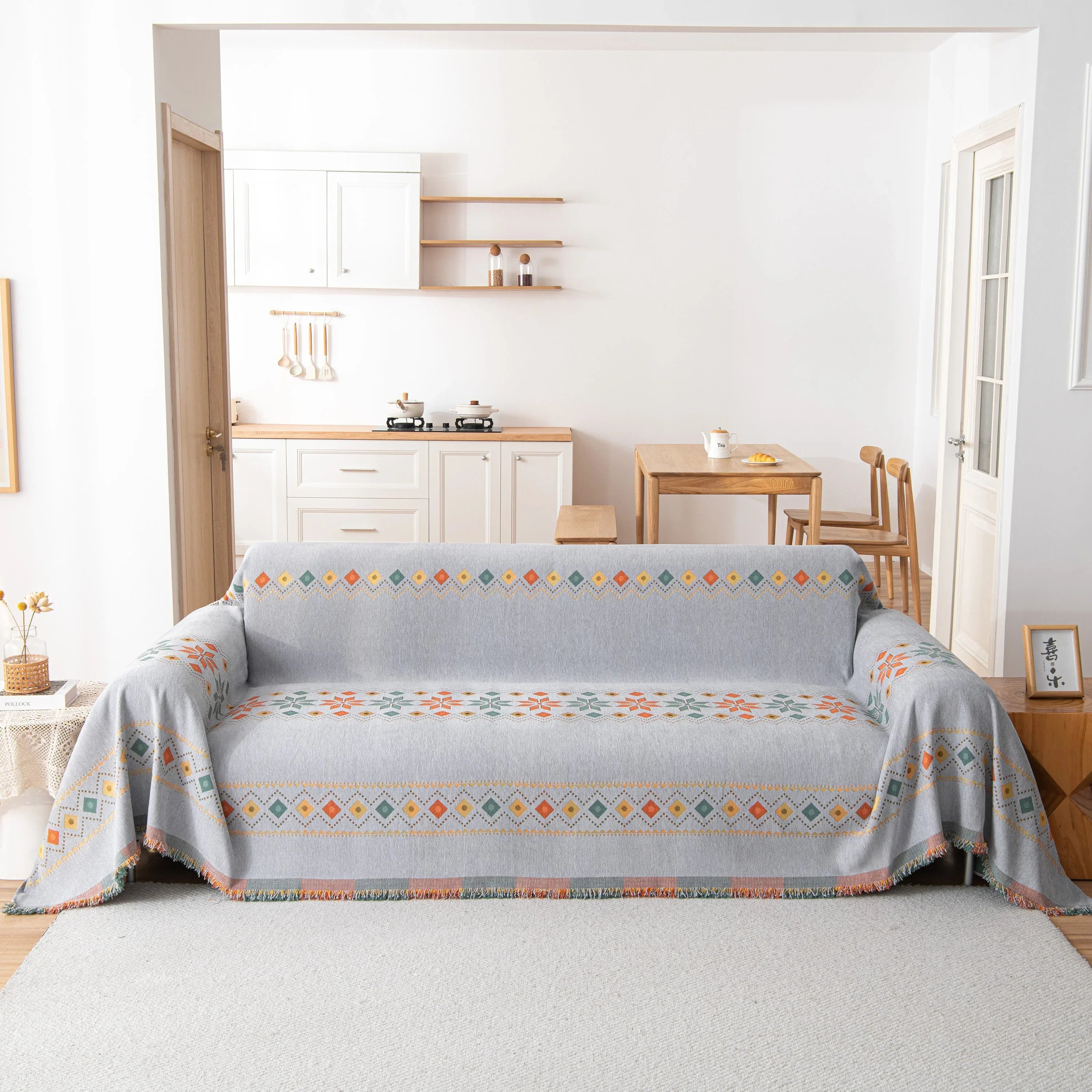 Bohemian Geometric Sofa Throw Cover, Cozy & Protective Ethnic-Inspired Couch Cover - TaroTextile