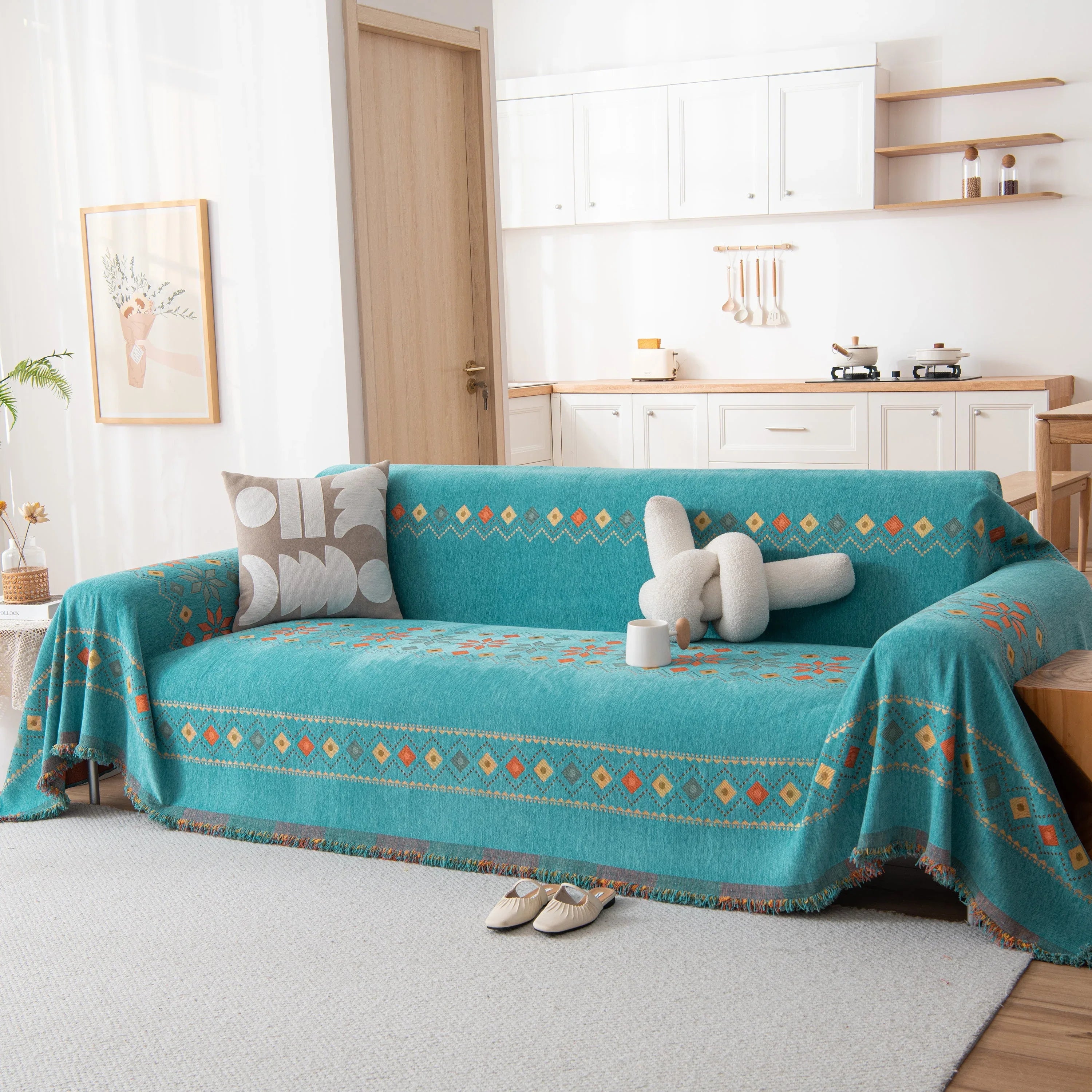 Bohemian Geometric Sofa Throw Cover, Cozy & Protective Ethnic-Inspired Couch Cover - TaroTextile