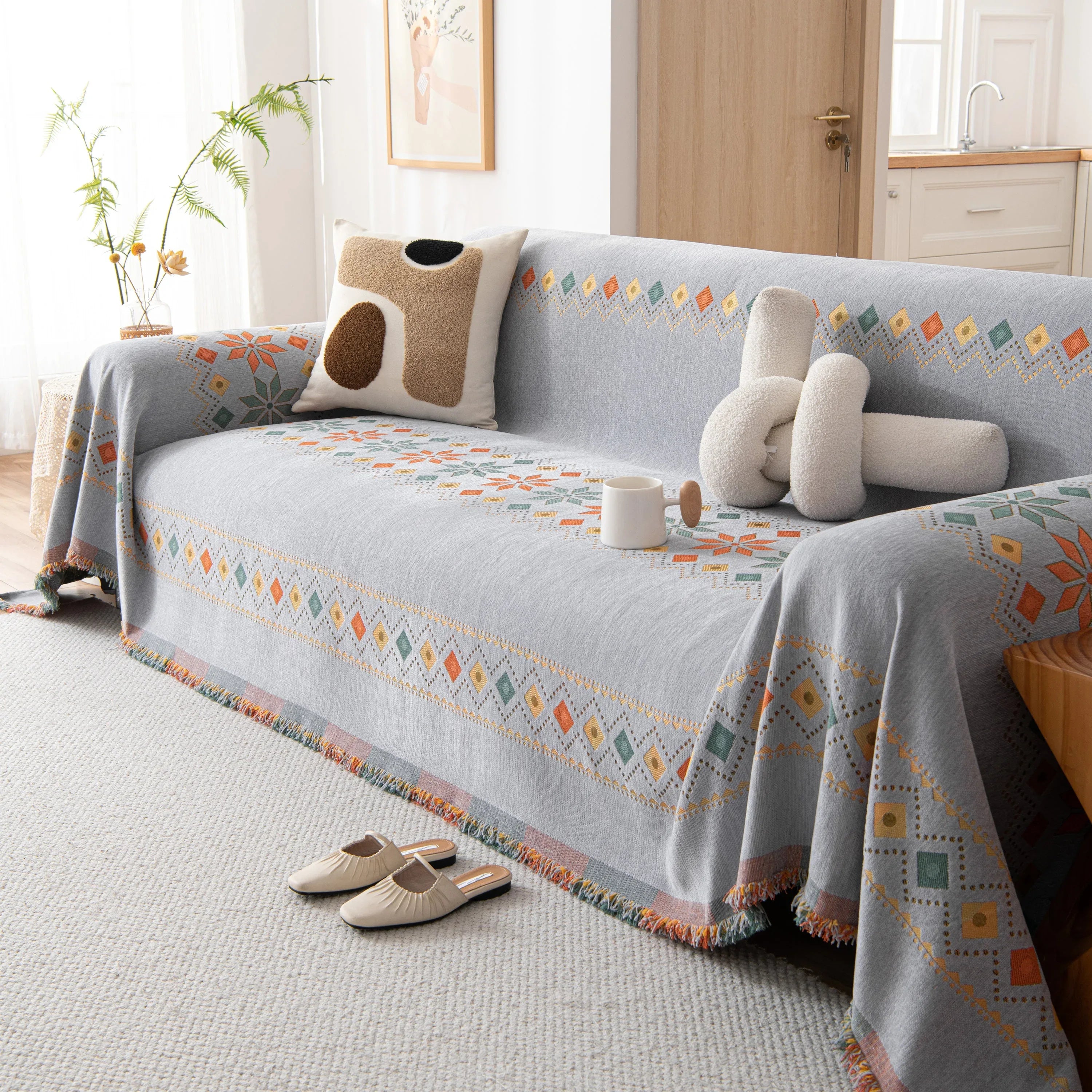 Bohemian Geometric Sofa Throw Cover, Cozy & Protective Ethnic-Inspired Couch Cover - TaroTextile