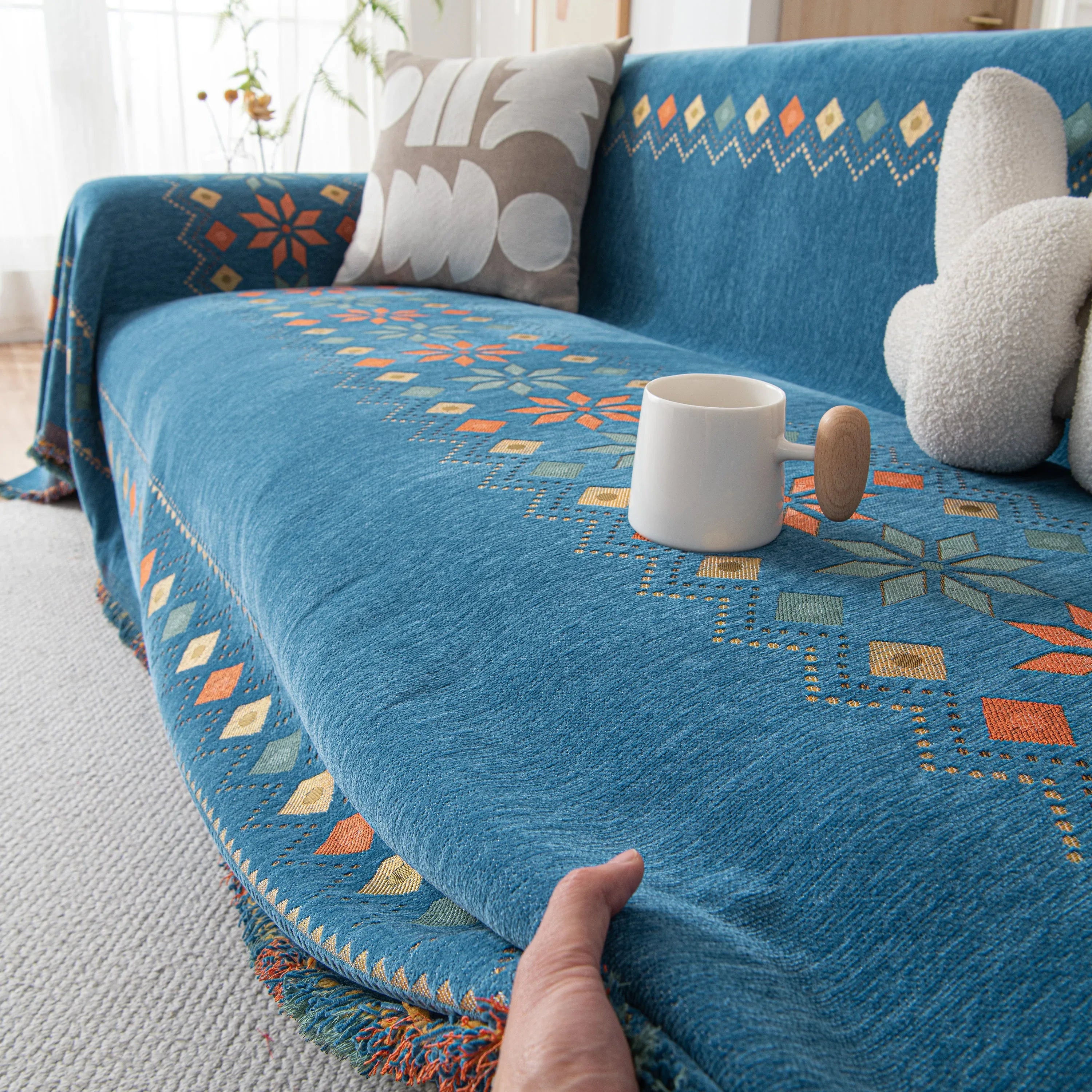 Bohemian Geometric Sofa Throw Cover, Cozy & Protective Ethnic-Inspired Couch Cover - TaroTextile