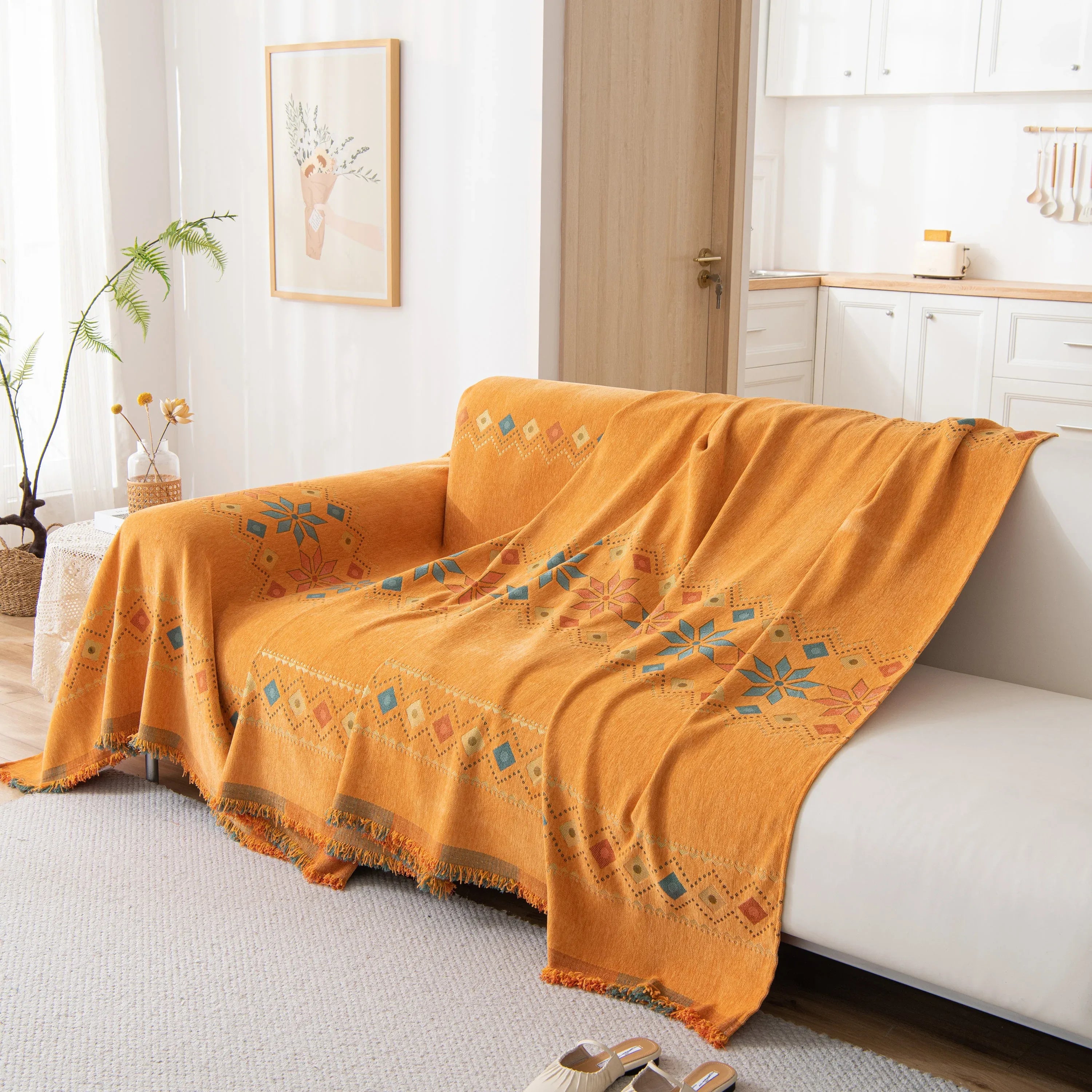 Bohemian Geometric Sofa Throw Cover, Cozy & Protective Ethnic-Inspired Couch Cover - TaroTextile
