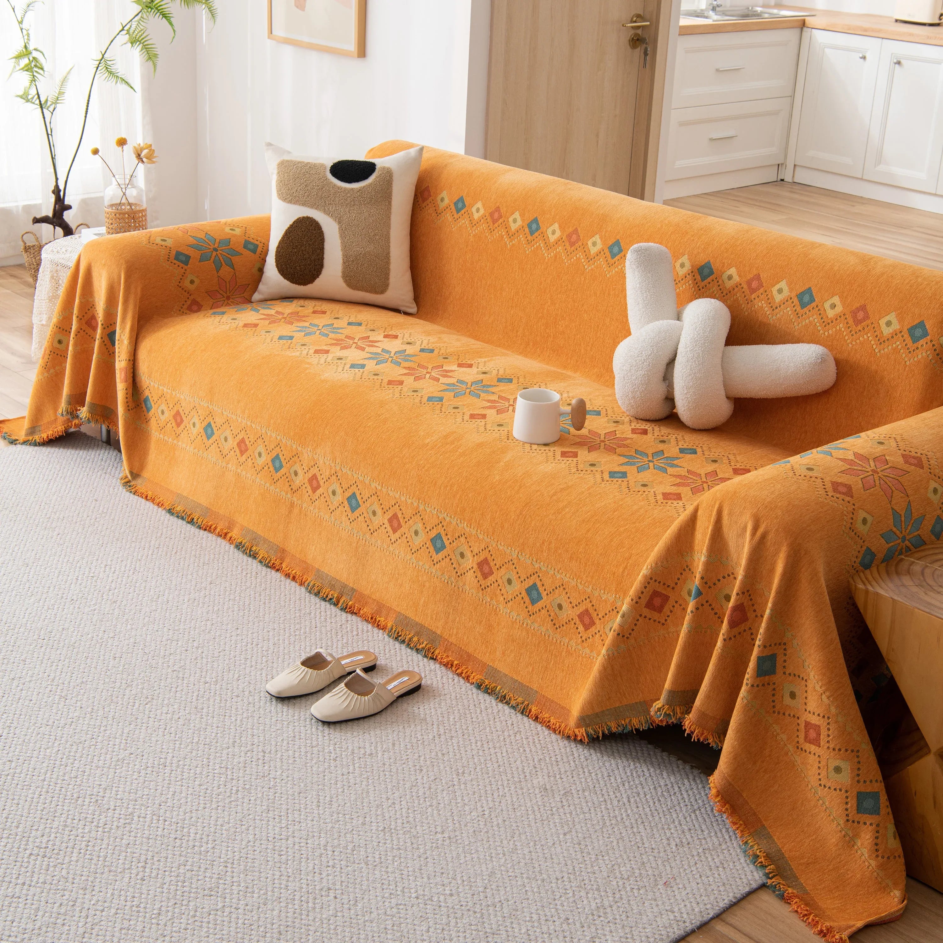 Bohemian Geometric Sofa Throw Cover, Cozy & Protective Ethnic-Inspired Couch Cover - TaroTextile