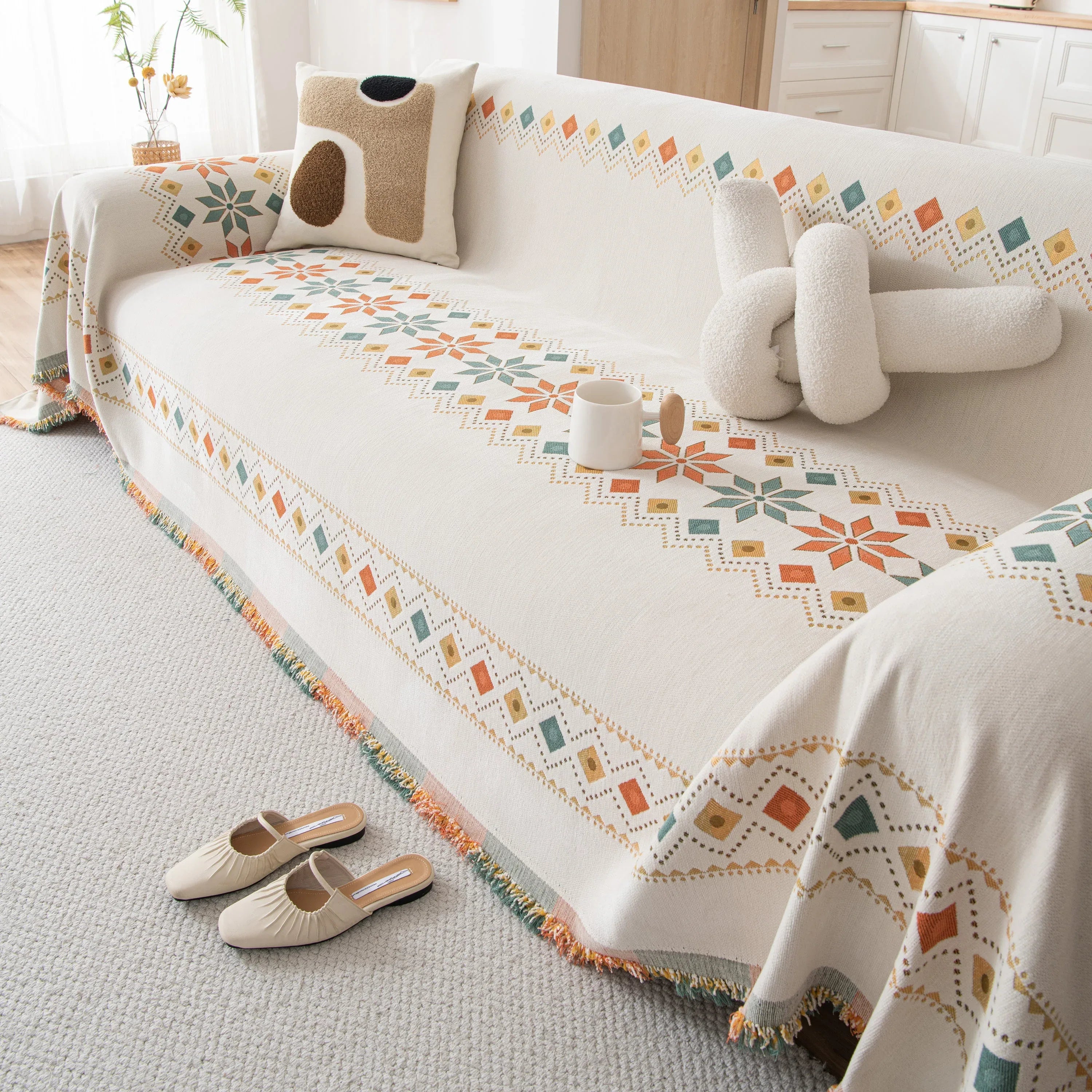 Bohemian Geometric Sofa Throw Cover, Cozy & Protective Ethnic-Inspired Couch Cover - TaroTextile