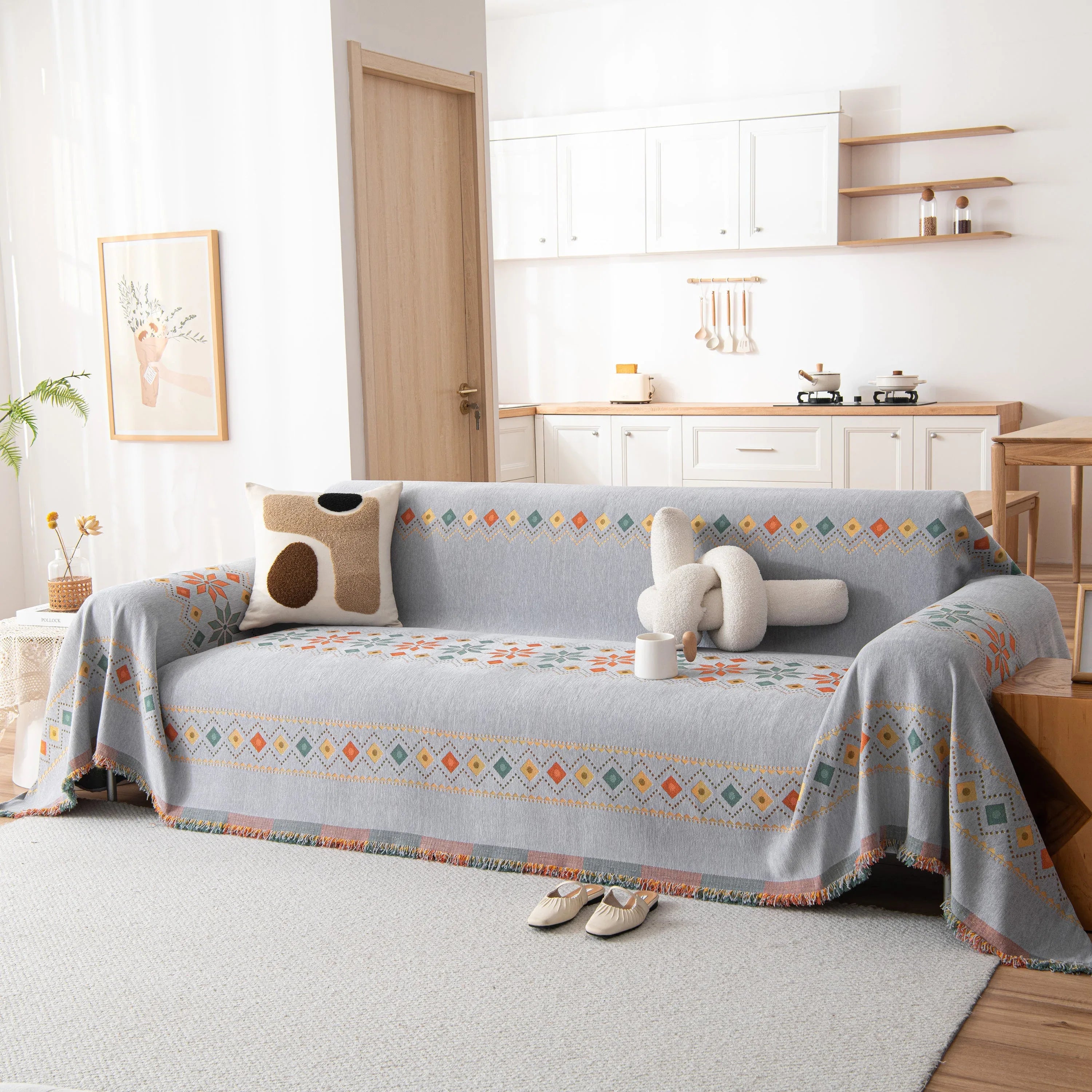 Bohemian Geometric Sofa Throw Cover, Cozy & Protective Ethnic-Inspired Couch Cover - TaroTextile