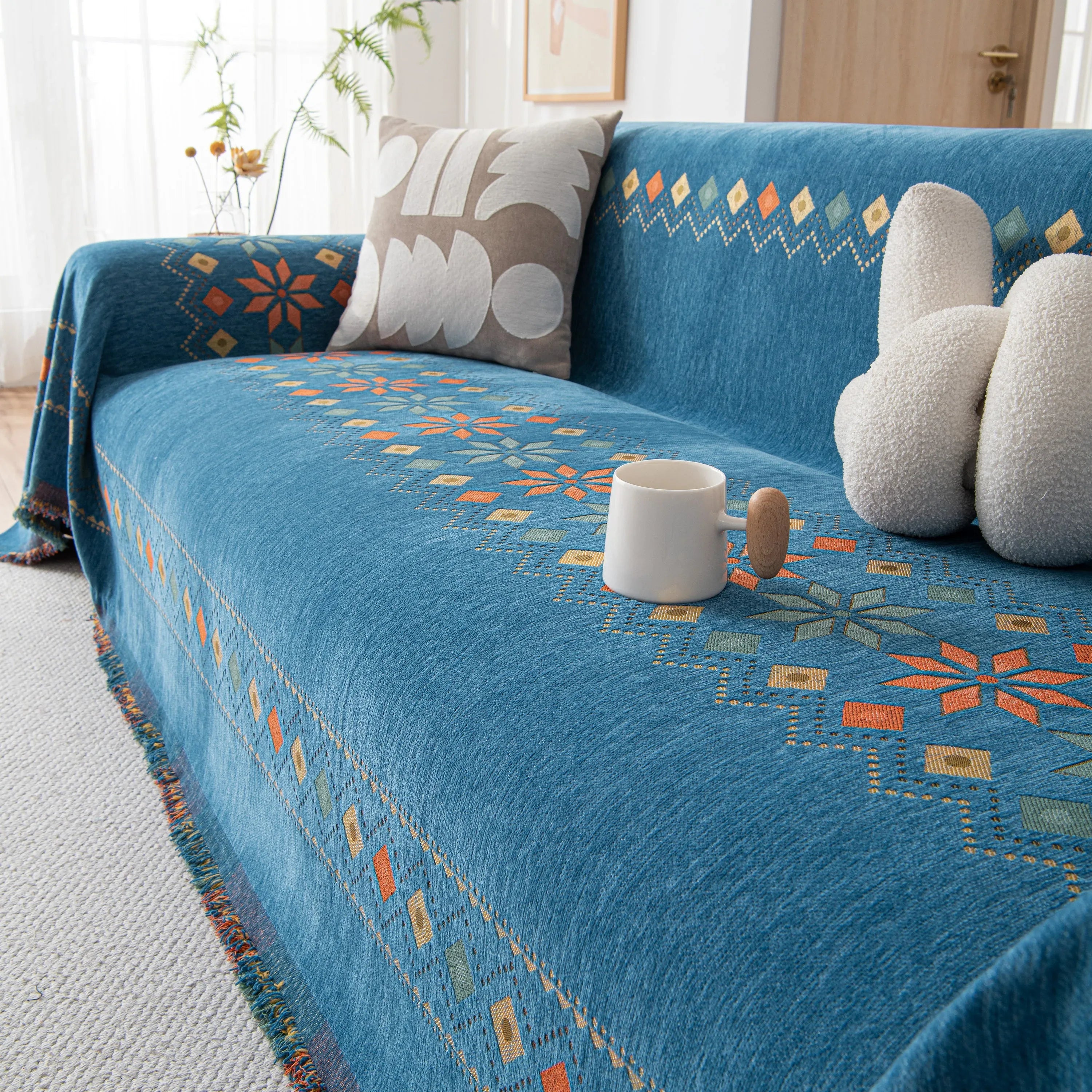 Bohemian Geometric Sofa Throw Cover, Cozy & Protective Ethnic-Inspired Couch Cover - TaroTextile