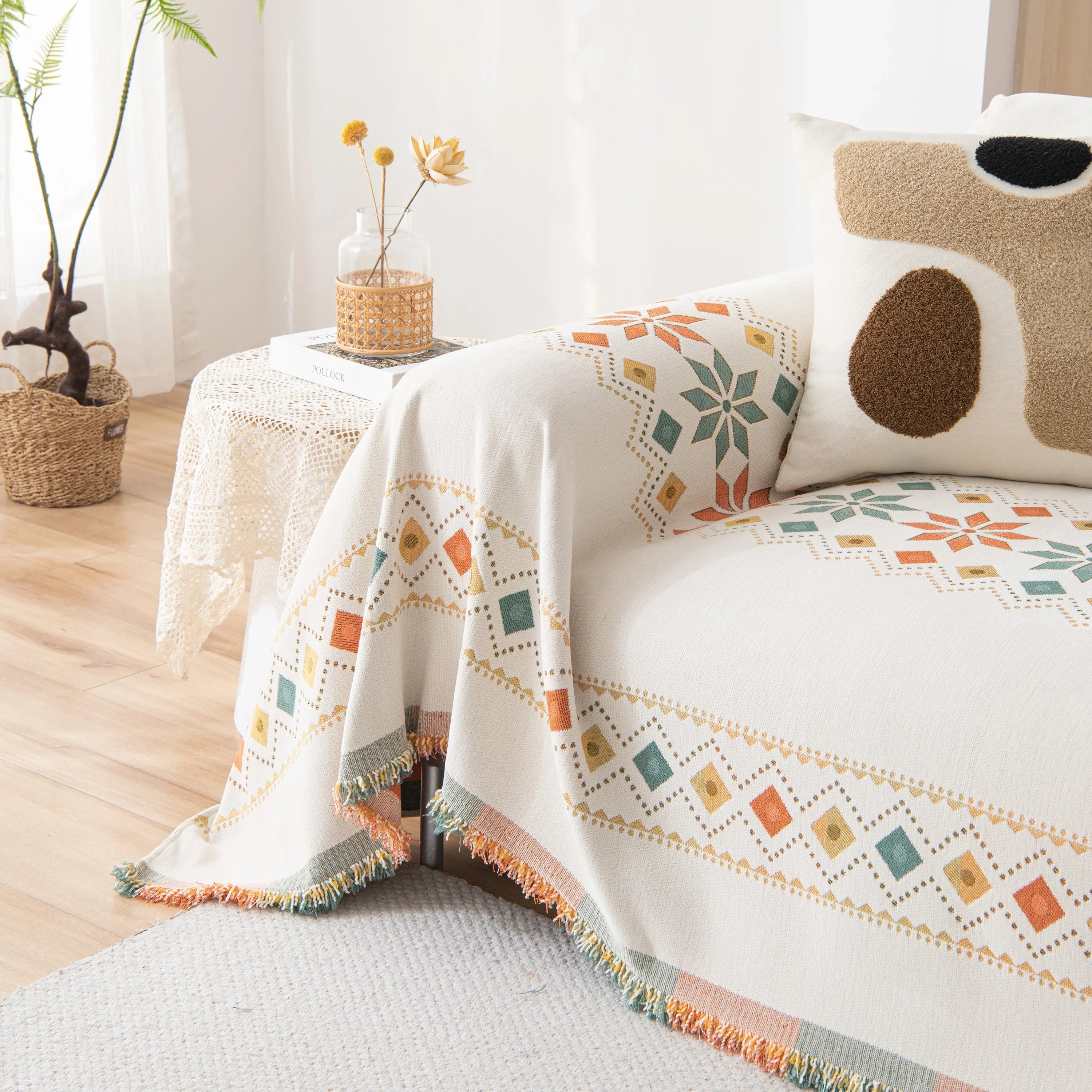 Bohemian Geometric Sofa Throw Cover, Cozy & Protective Ethnic-Inspired Couch Cover - TaroTextile