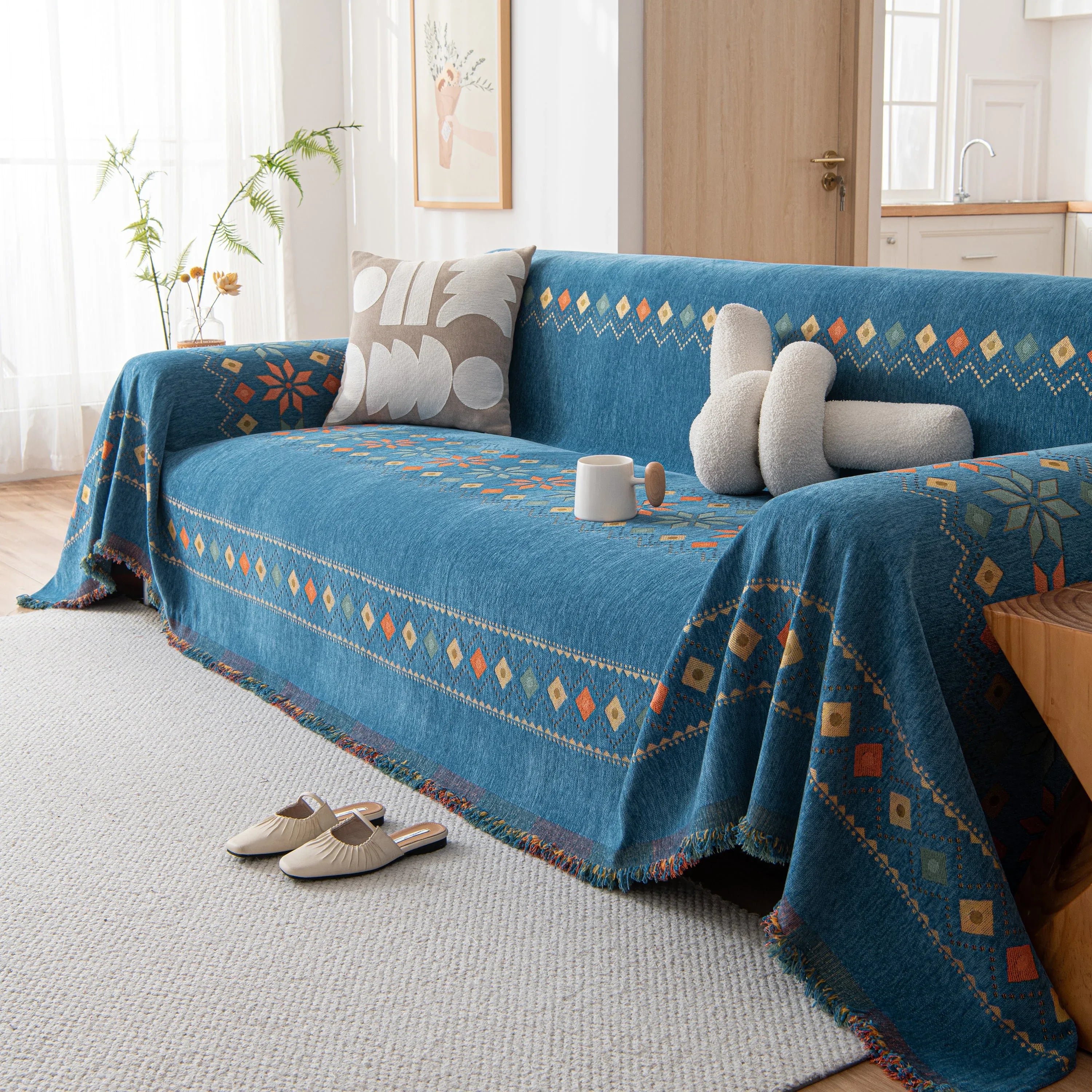 Bohemian Geometric Sofa Throw Cover, Cozy & Protective Ethnic-Inspired Couch Cover - TaroTextile