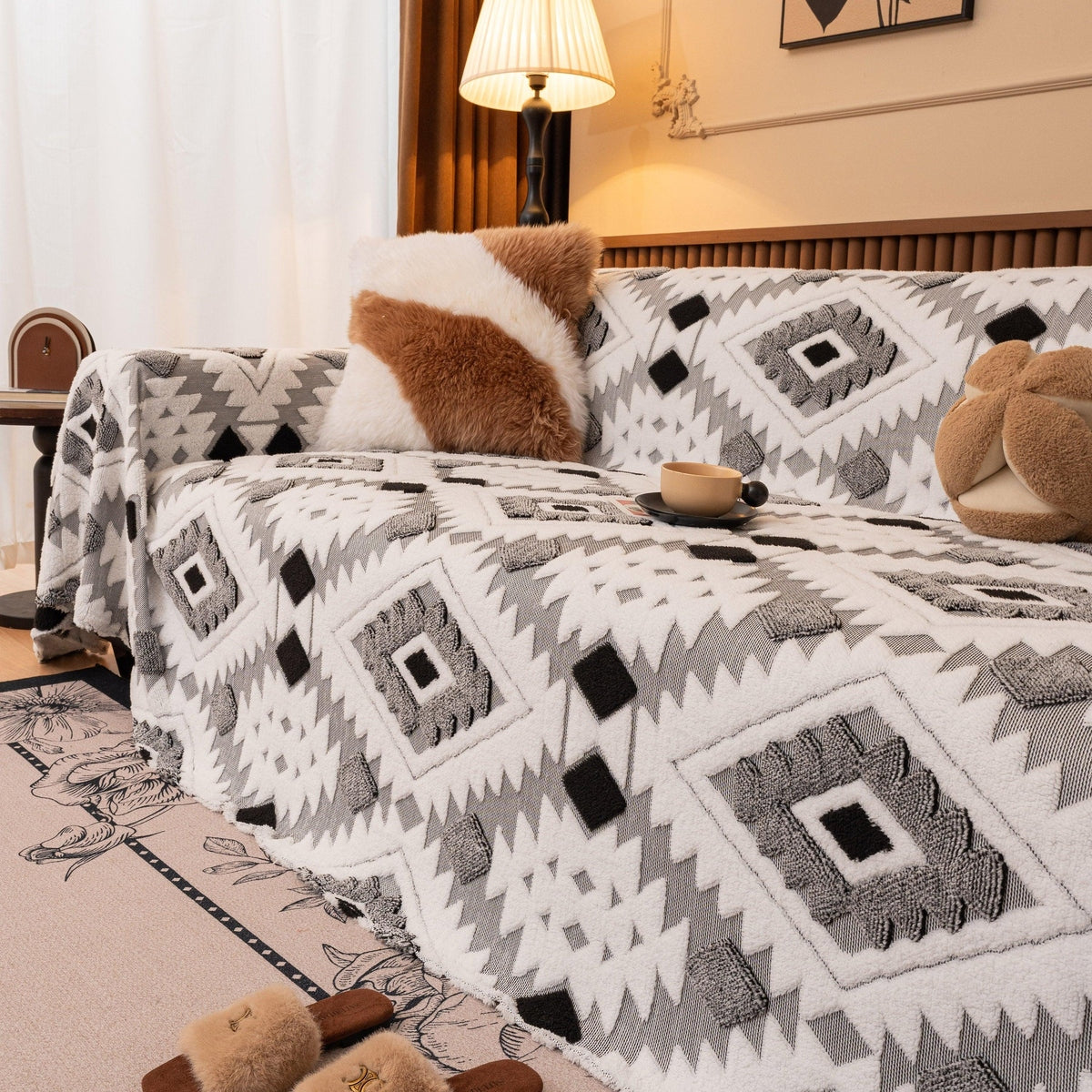 Bohemian Tufted Sofa Cover, Soft Sherpa Fleece Throw Blanket with 3D Aztec Geometric - TaroTextile