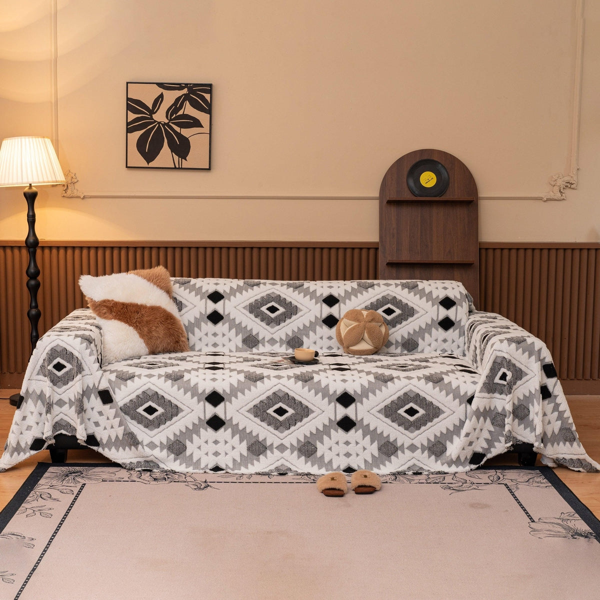 Bohemian Tufted Sofa Cover, Soft Sherpa Fleece Throw Blanket with 3D Aztec Geometric - TaroTextile