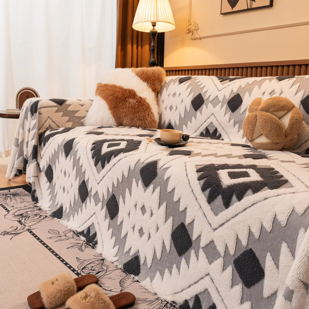 Bohemian Tufted Sofa Cover, Soft Sherpa Fleece Throw Blanket with 3D Aztec Geometric - TaroTextile