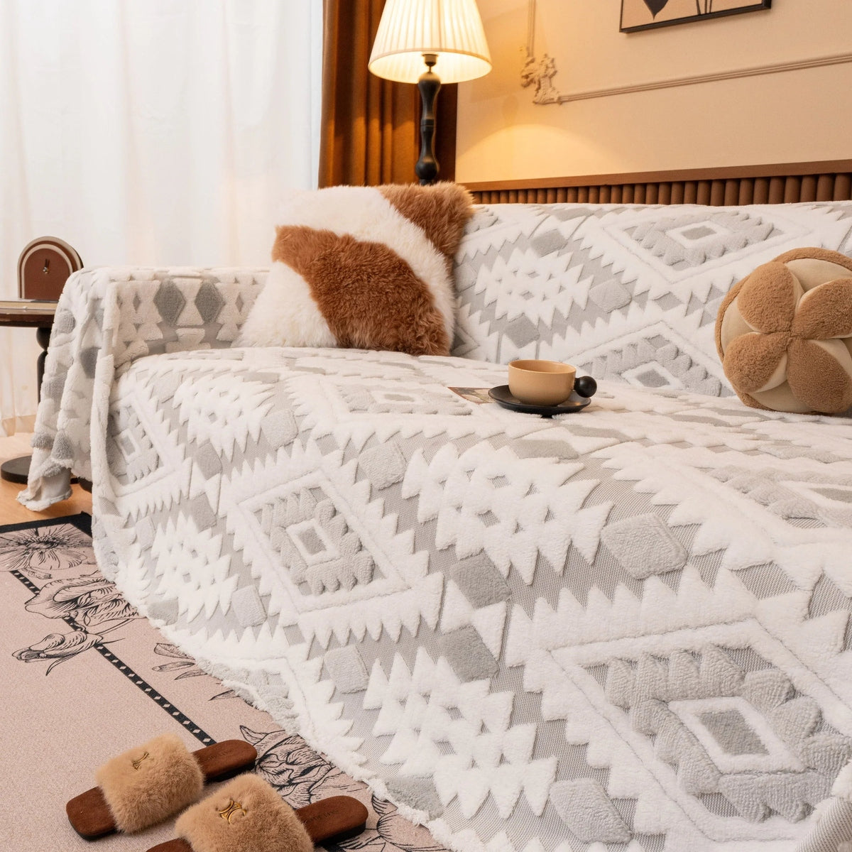 Bohemian Tufted Sofa Cover, Soft Sherpa Fleece Throw Blanket with 3D Aztec Geometric - TaroTextile