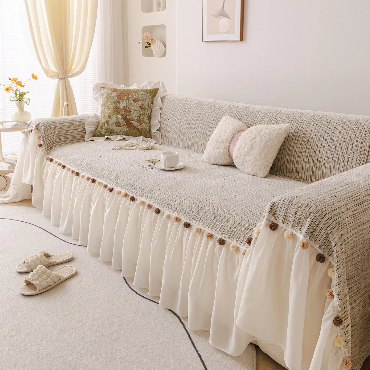 Boho Couch Cover with Knitted Stripes, Chiffon Skirt & Pom Fringe, Pet-Friendly Throw - TaroTextile