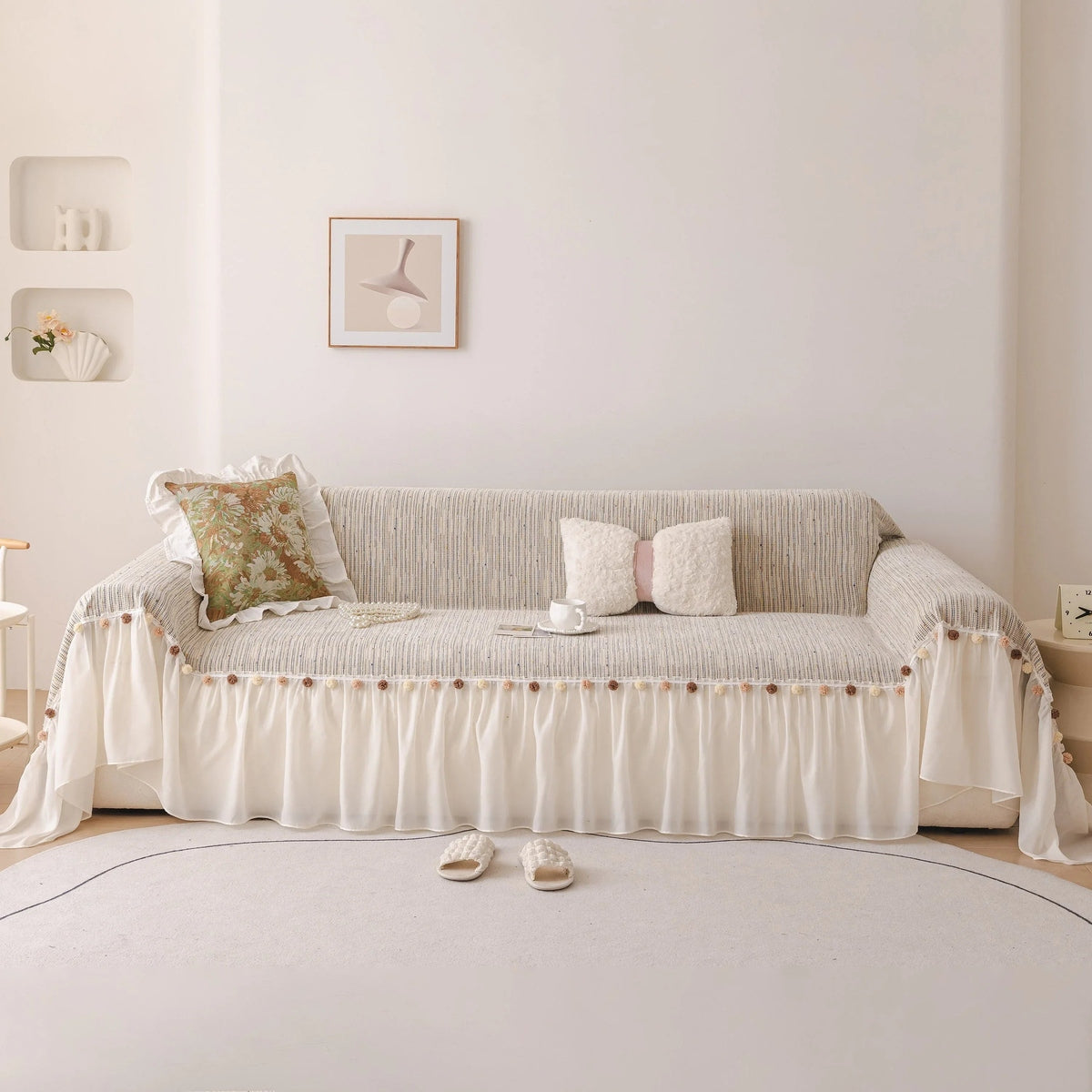 Boho Couch Cover with Knitted Stripes, Chiffon Skirt & Pom Fringe, Pet-Friendly Throw - TaroTextile