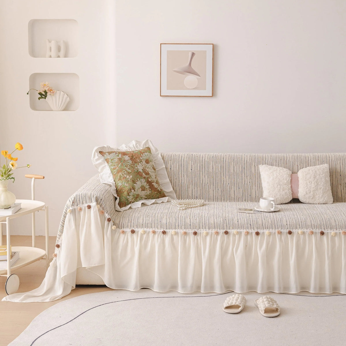 Boho Couch Cover with Knitted Stripes, Chiffon Skirt & Pom Fringe, Pet-Friendly Throw - TaroTextile