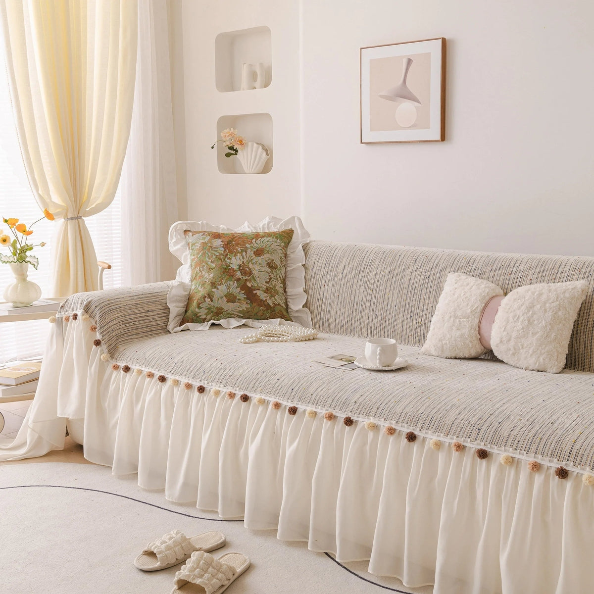 Boho Couch Cover with Knitted Stripes, Chiffon Skirt & Pom Fringe, Pet-Friendly Throw - TaroTextile