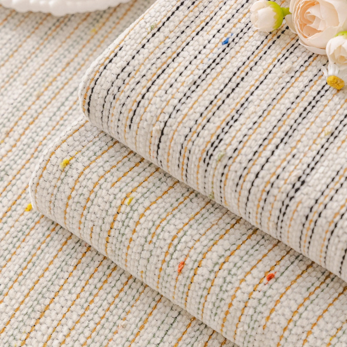 Boho Couch Cover with Knitted Stripes, Chiffon Skirt & Pom Fringe, Pet-Friendly Throw - TaroTextile