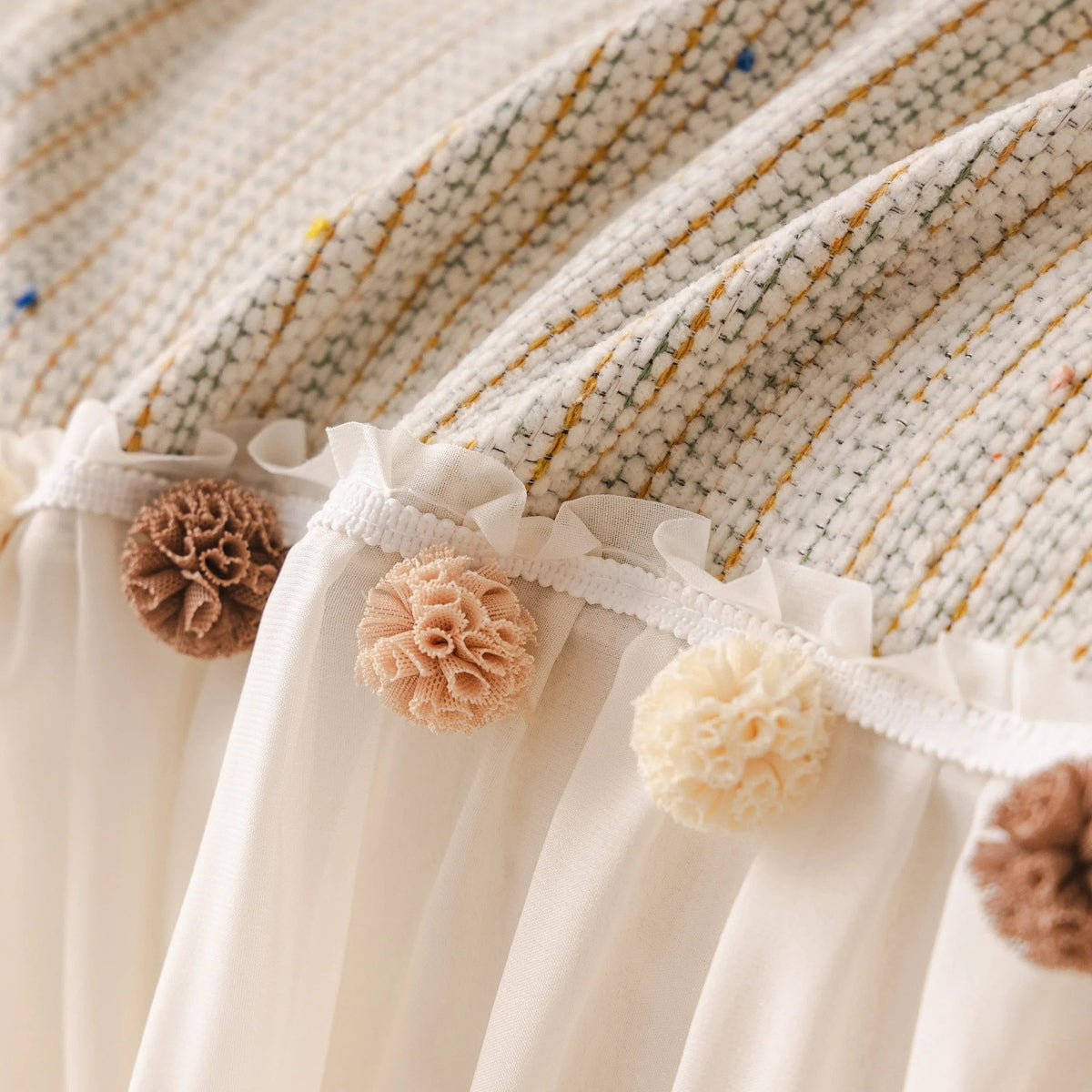 Boho Couch Cover with Knitted Stripes, Chiffon Skirt & Pom Fringe, Pet-Friendly Throw - TaroTextile