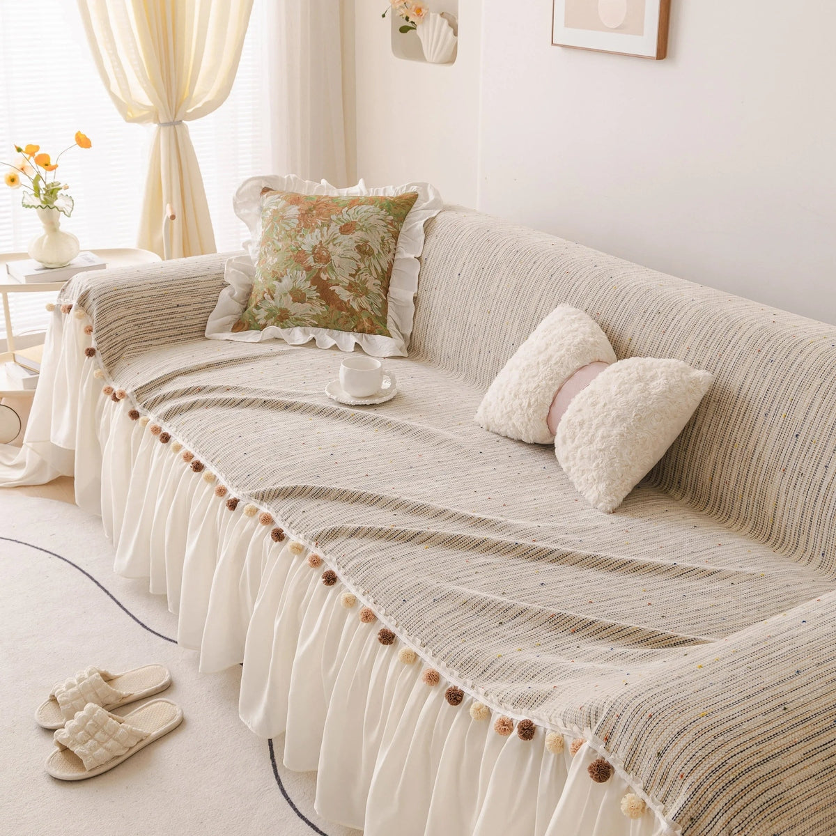 Boho Couch Cover with Knitted Stripes, Chiffon Skirt & Pom Fringe, Pet-Friendly Throw - TaroTextile
