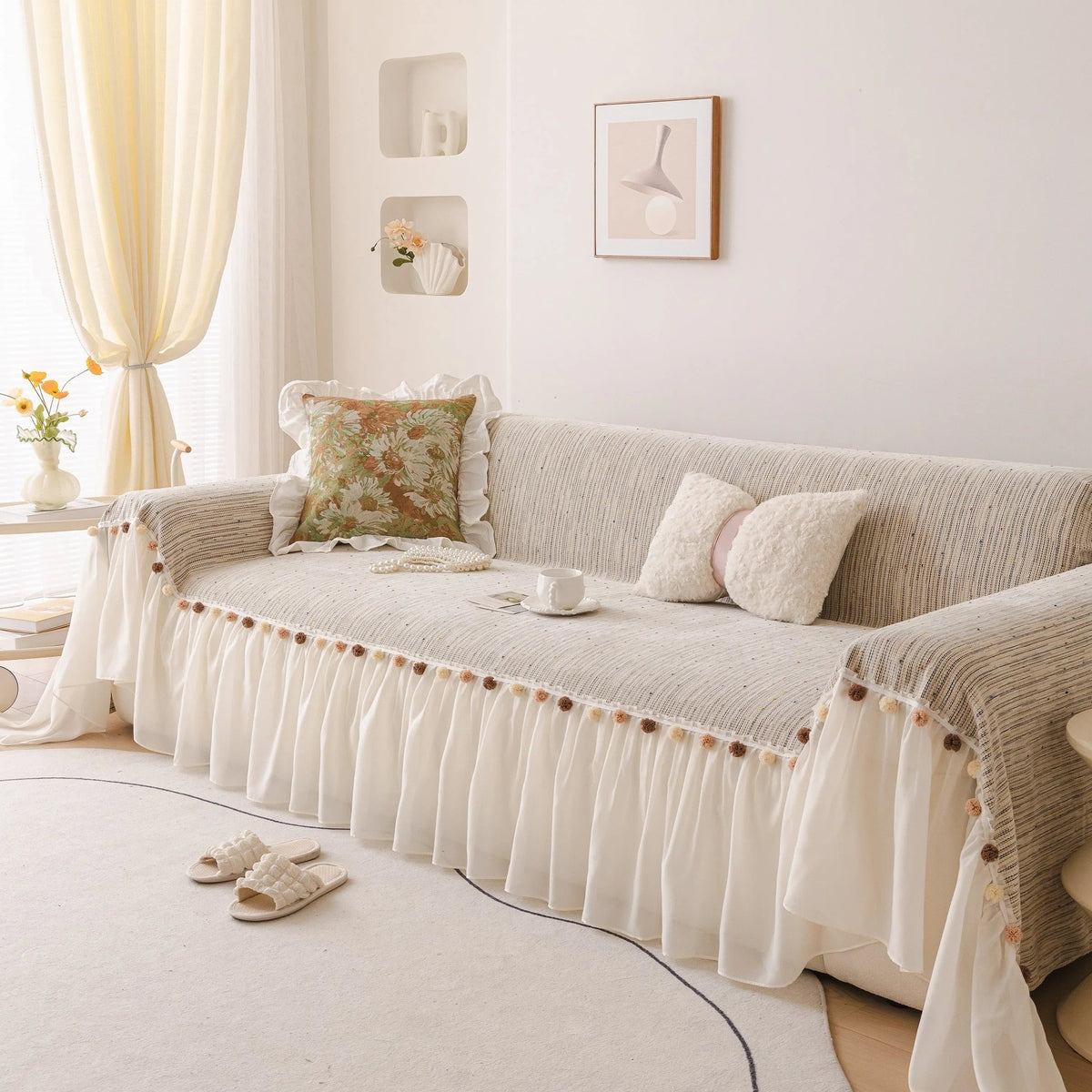 Boho Couch Cover with Knitted Stripes, Chiffon Skirt & Pom Fringe, Pet-Friendly Throw - TaroTextile