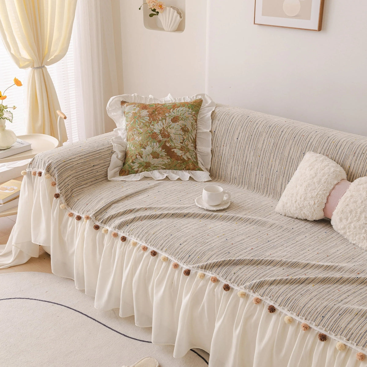 Boho Couch Cover with Knitted Stripes, Chiffon Skirt & Pom Fringe, Pet-Friendly Throw - TaroTextile