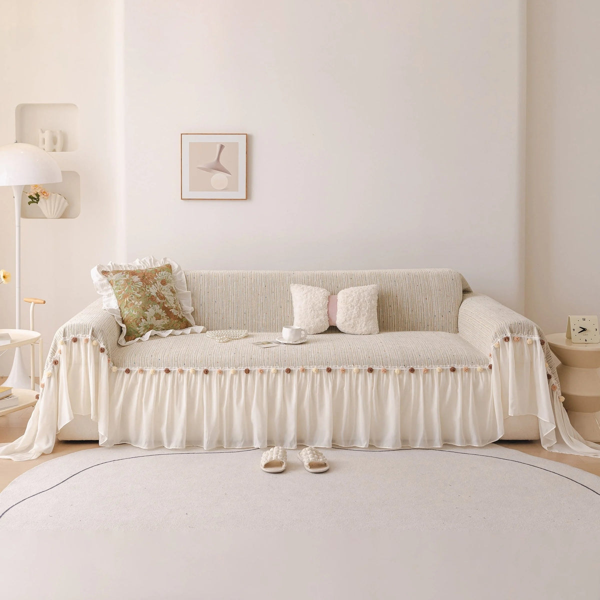 Boho Couch Cover with Knitted Stripes, Chiffon Skirt & Pom Fringe, Pet-Friendly Throw - TaroTextile