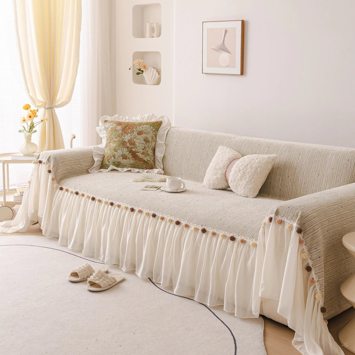 Boho Couch Cover with Knitted Stripes, Chiffon Skirt & Pom Fringe, Pet-Friendly Throw - TaroTextile
