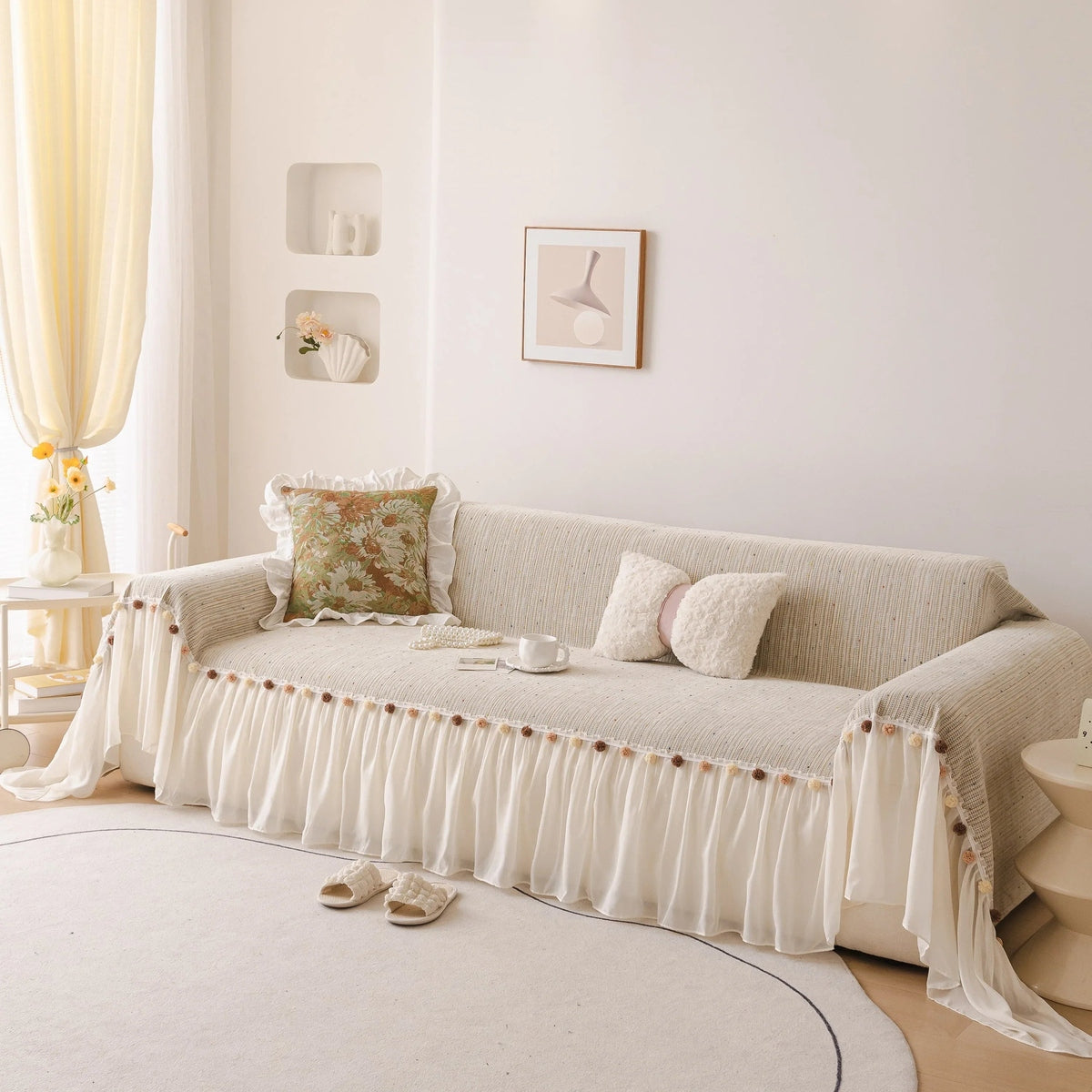 Boho Couch Cover with Knitted Stripes, Chiffon Skirt & Pom Fringe, Pet-Friendly Throw - TaroTextile