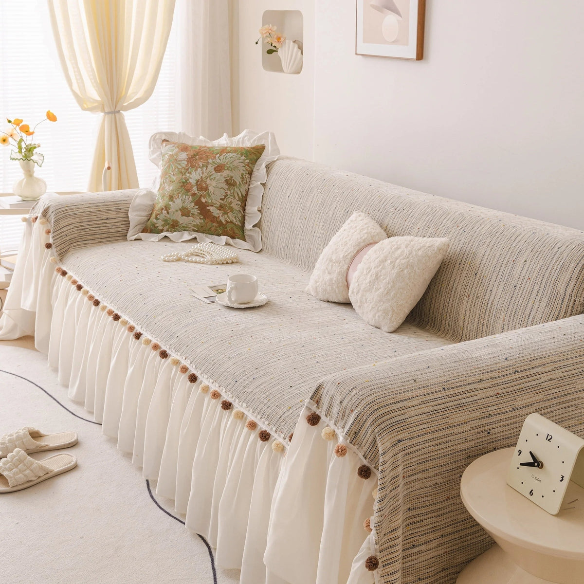 Boho Couch Cover with Knitted Stripes, Chiffon Skirt & Pom Fringe, Pet-Friendly Throw - TaroTextile