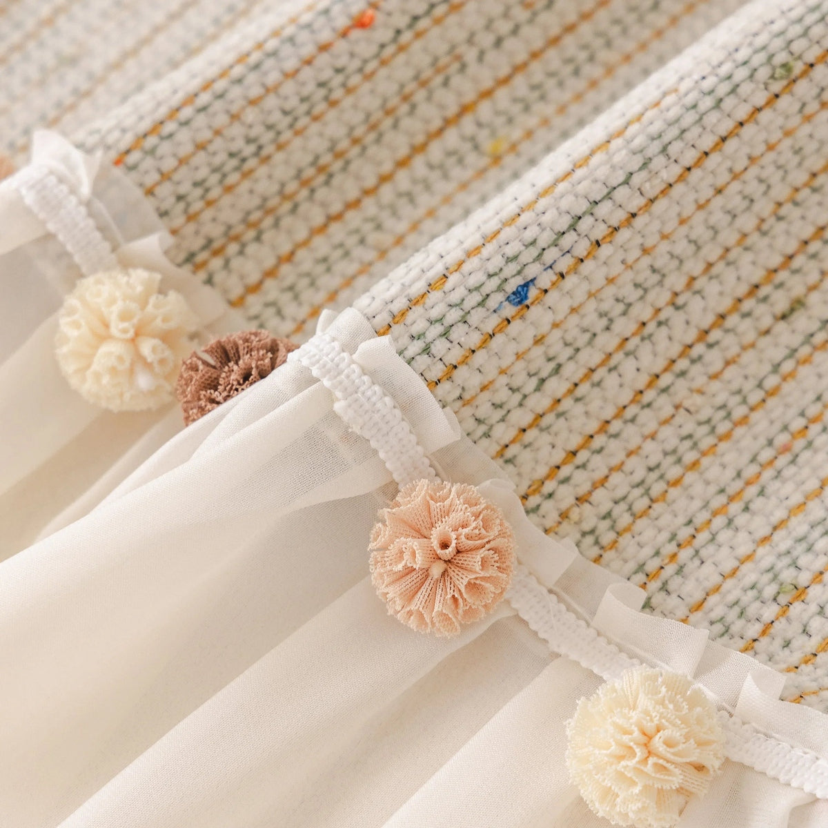 Boho Couch Cover with Knitted Stripes, Chiffon Skirt & Pom Fringe, Pet-Friendly Throw - TaroTextile