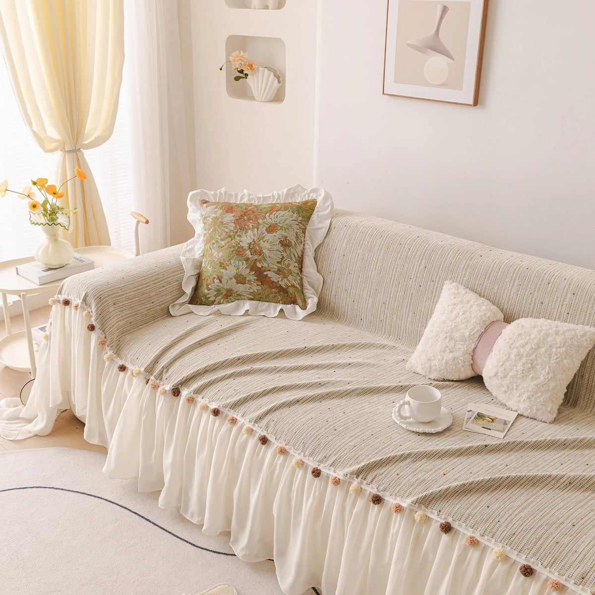 Boho Couch Cover with Knitted Stripes, Chiffon Skirt & Pom Fringe, Pet-Friendly Throw - TaroTextile