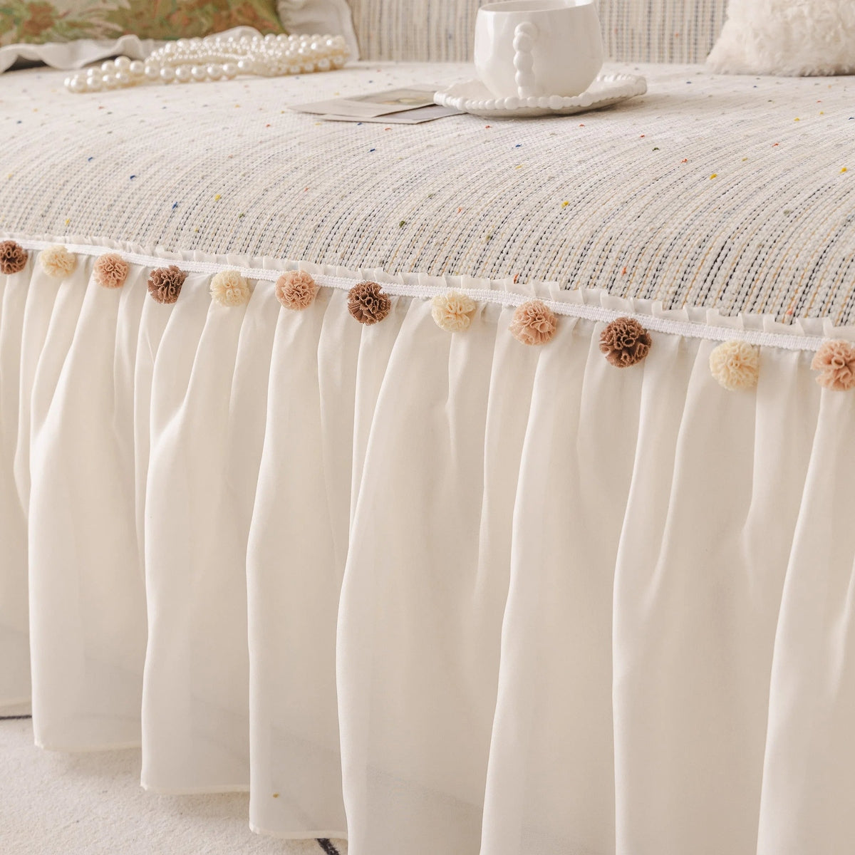 Boho Couch Cover with Knitted Stripes, Chiffon Skirt & Pom Fringe, Pet-Friendly Throw - TaroTextile