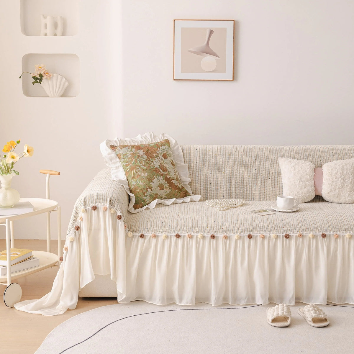 Boho Couch Cover with Knitted Stripes, Chiffon Skirt & Pom Fringe, Pet-Friendly Throw - TaroTextile