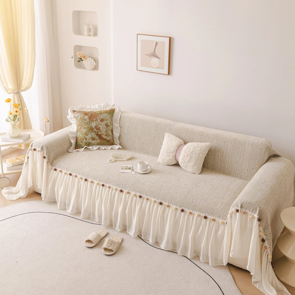 Boho Couch Cover with Knitted Stripes, Chiffon Skirt & Pom Fringe, Pet-Friendly Throw - TaroTextile