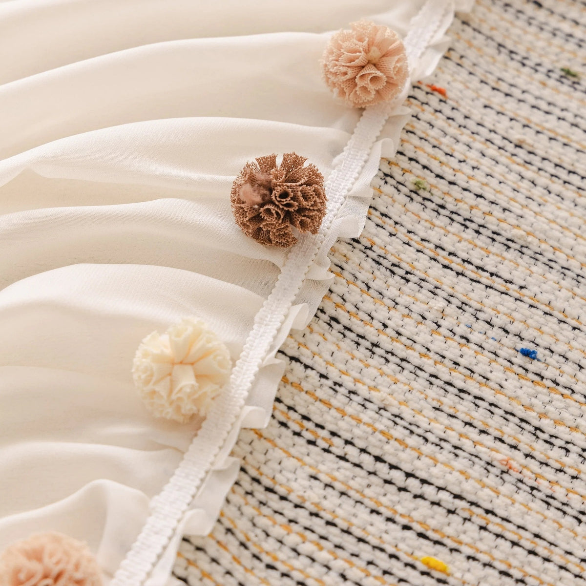 Boho Couch Cover with Knitted Stripes, Chiffon Skirt & Pom Fringe, Pet-Friendly Throw - TaroTextile