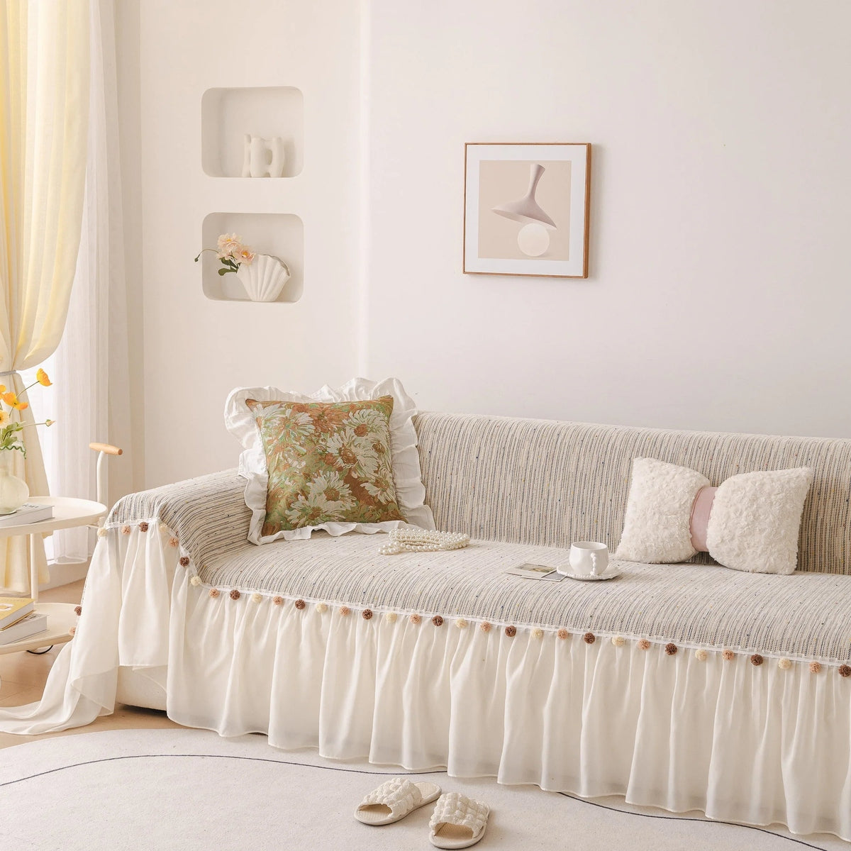 Boho Couch Cover with Knitted Stripes, Chiffon Skirt & Pom Fringe, Pet-Friendly Throw - TaroTextile