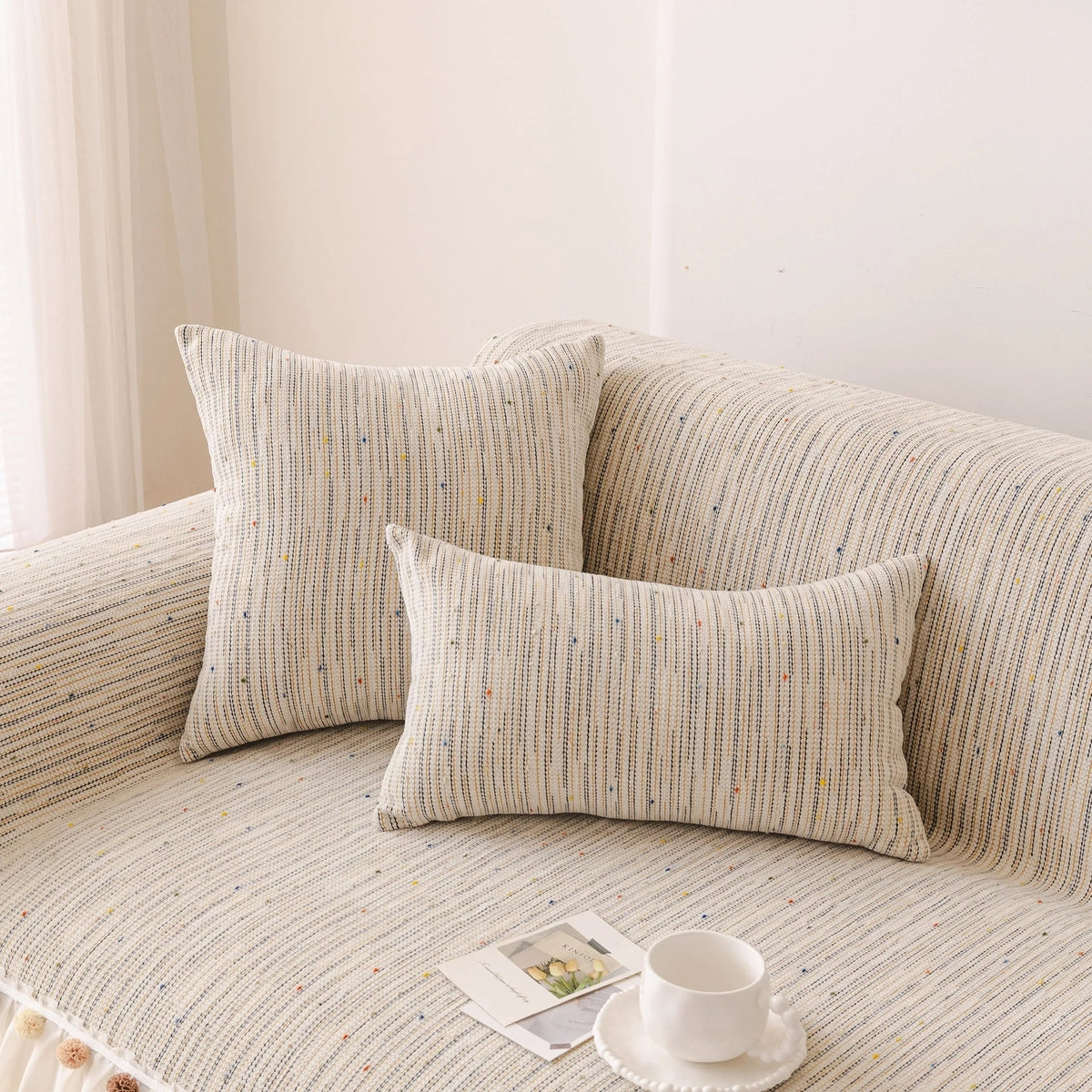 Boho Couch Cover with Knitted Stripes, Chiffon Skirt & Pom Fringe, Pet-Friendly Throw - TaroTextile