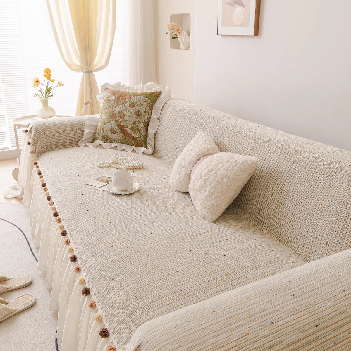 Boho Couch Cover with Knitted Stripes, Chiffon Skirt & Pom Fringe, Pet-Friendly Throw - TaroTextile