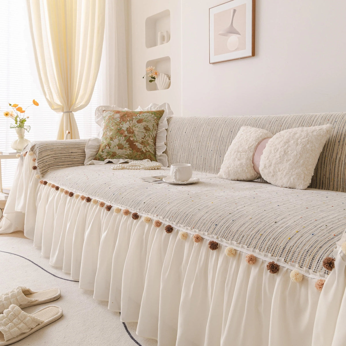 Boho Couch Cover with Knitted Stripes, Chiffon Skirt & Pom Fringe, Pet-Friendly Throw - TaroTextile