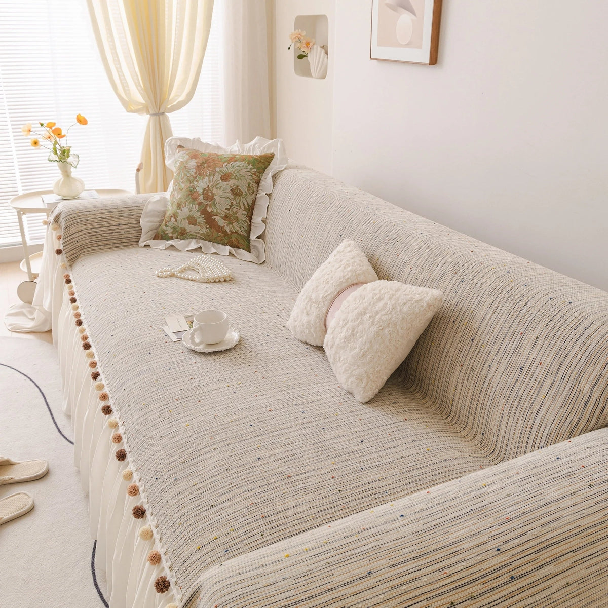 Boho Couch Cover with Knitted Stripes, Chiffon Skirt & Pom Fringe, Pet-Friendly Throw - TaroTextile