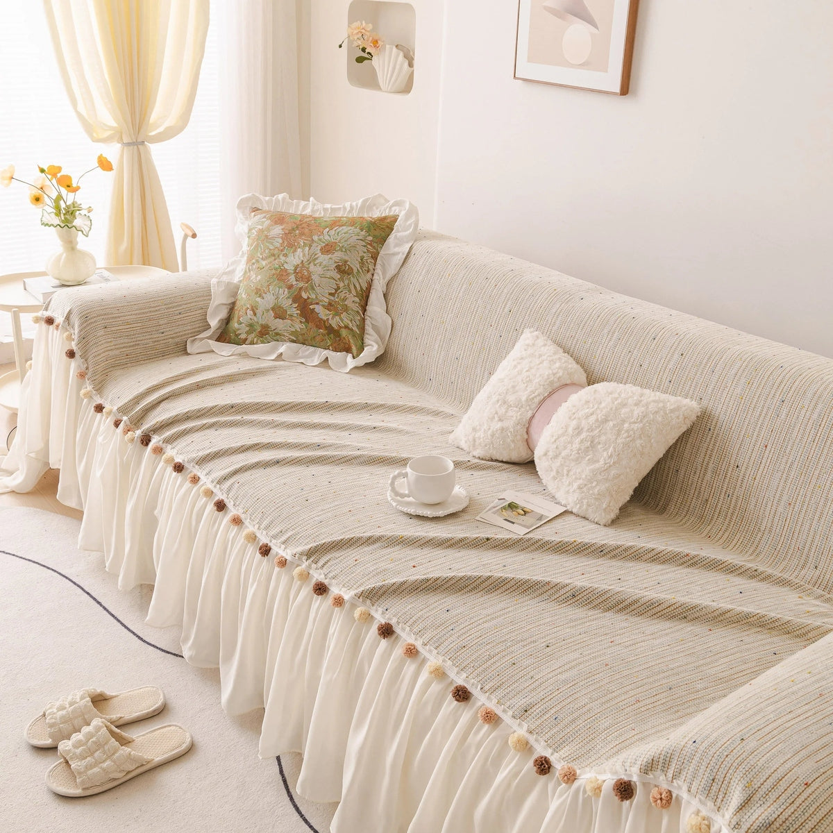 Boho Couch Cover with Knitted Stripes, Chiffon Skirt & Pom Fringe, Pet-Friendly Throw - TaroTextile