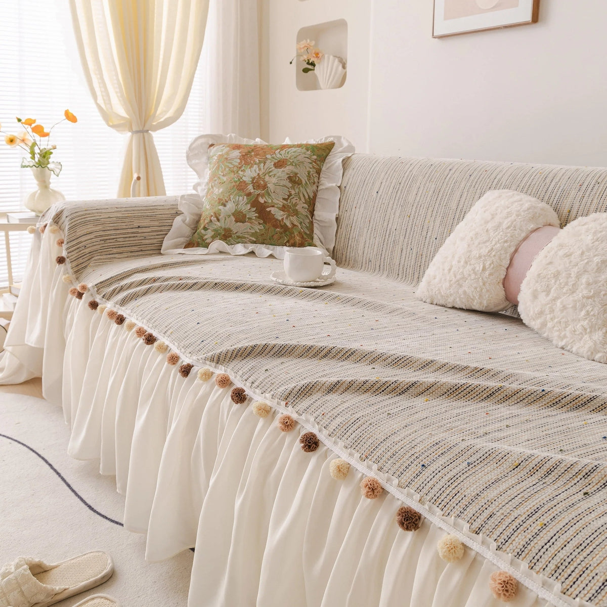 Boho Couch Cover with Knitted Stripes, Chiffon Skirt & Pom Fringe, Pet-Friendly Throw - TaroTextile