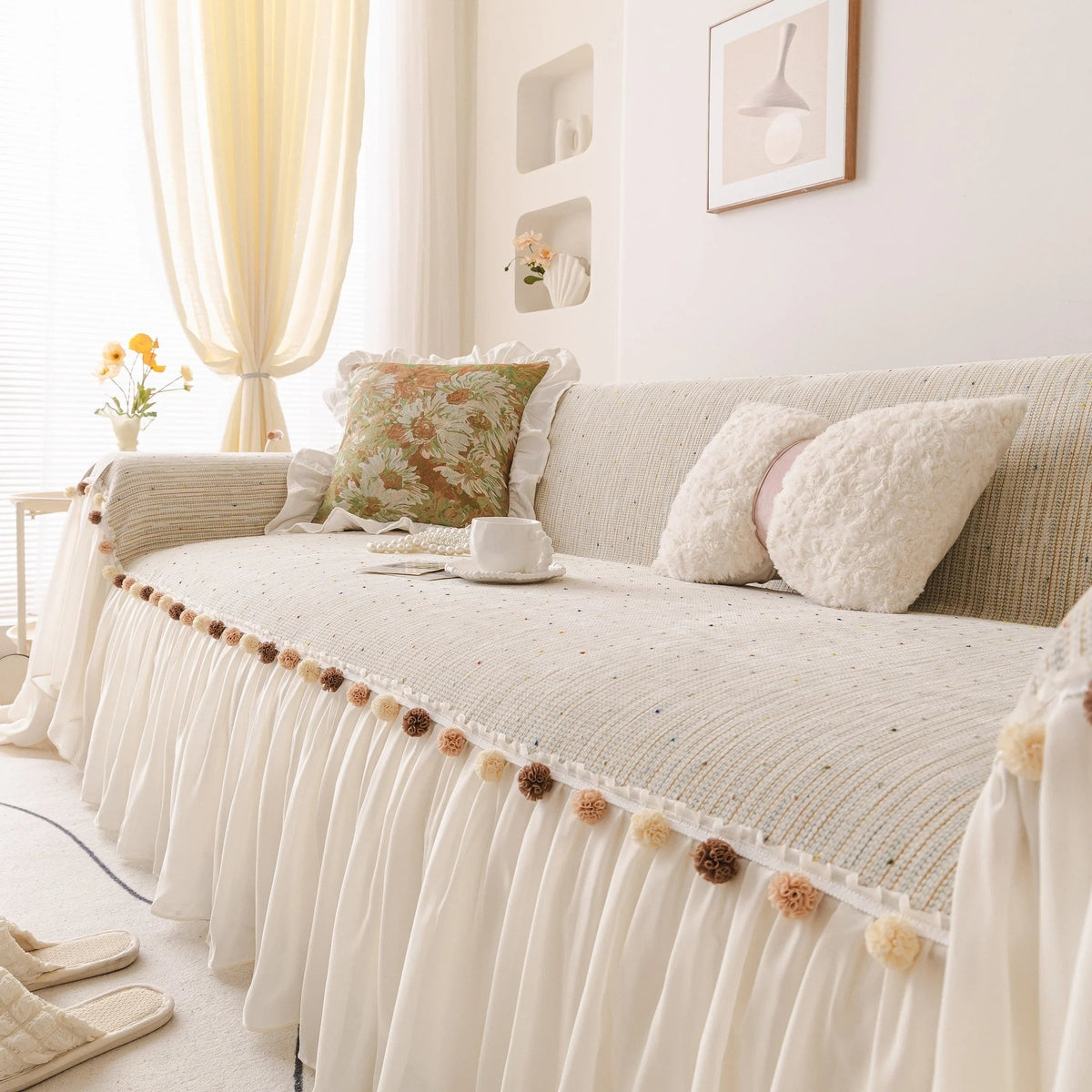 Boho Couch Cover with Knitted Stripes, Chiffon Skirt & Pom Fringe, Pet-Friendly Throw - TaroTextile