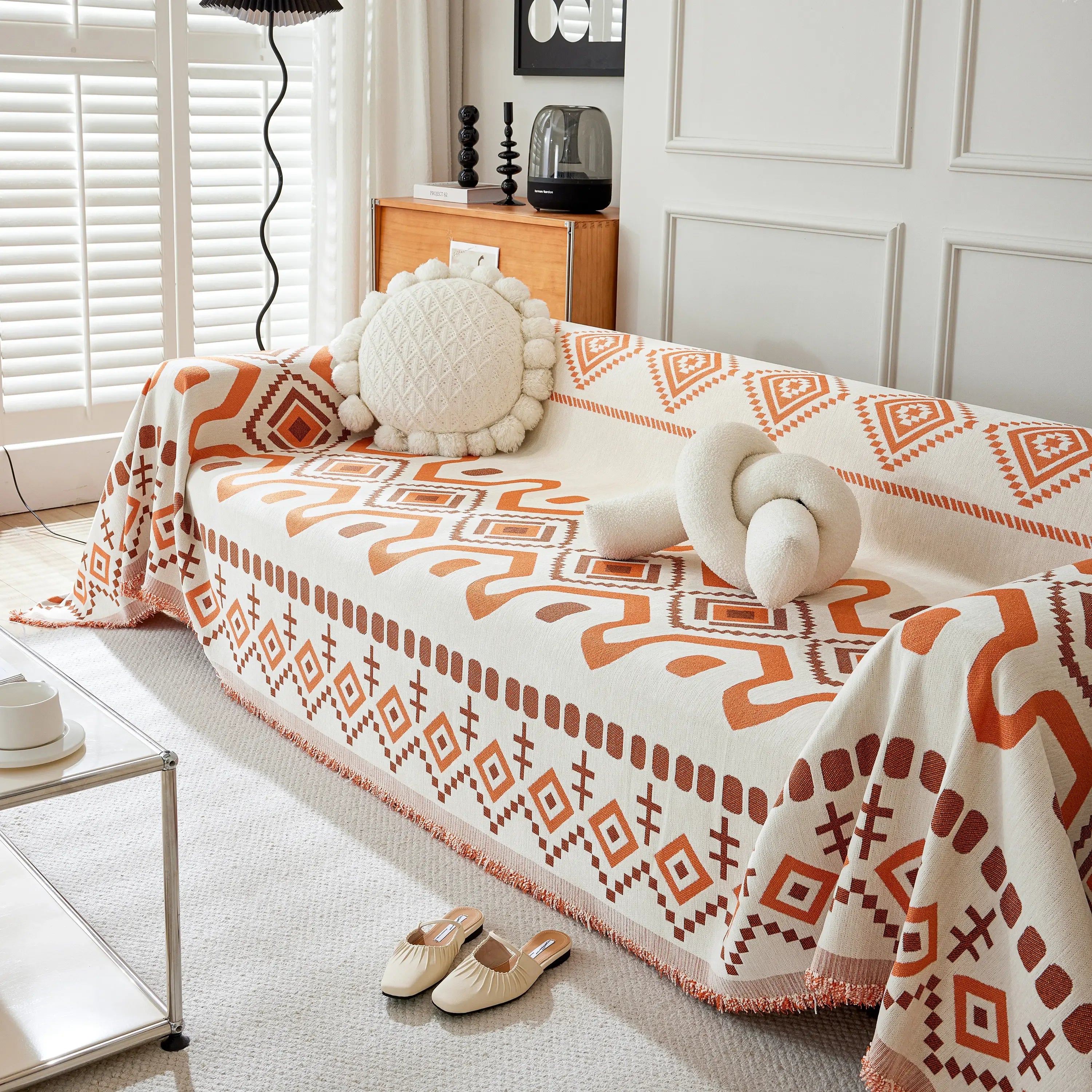 Boho Geometric Chenille Throw Sofa Cover Soft Textured Decorative Couch Blanket - TaroTextile