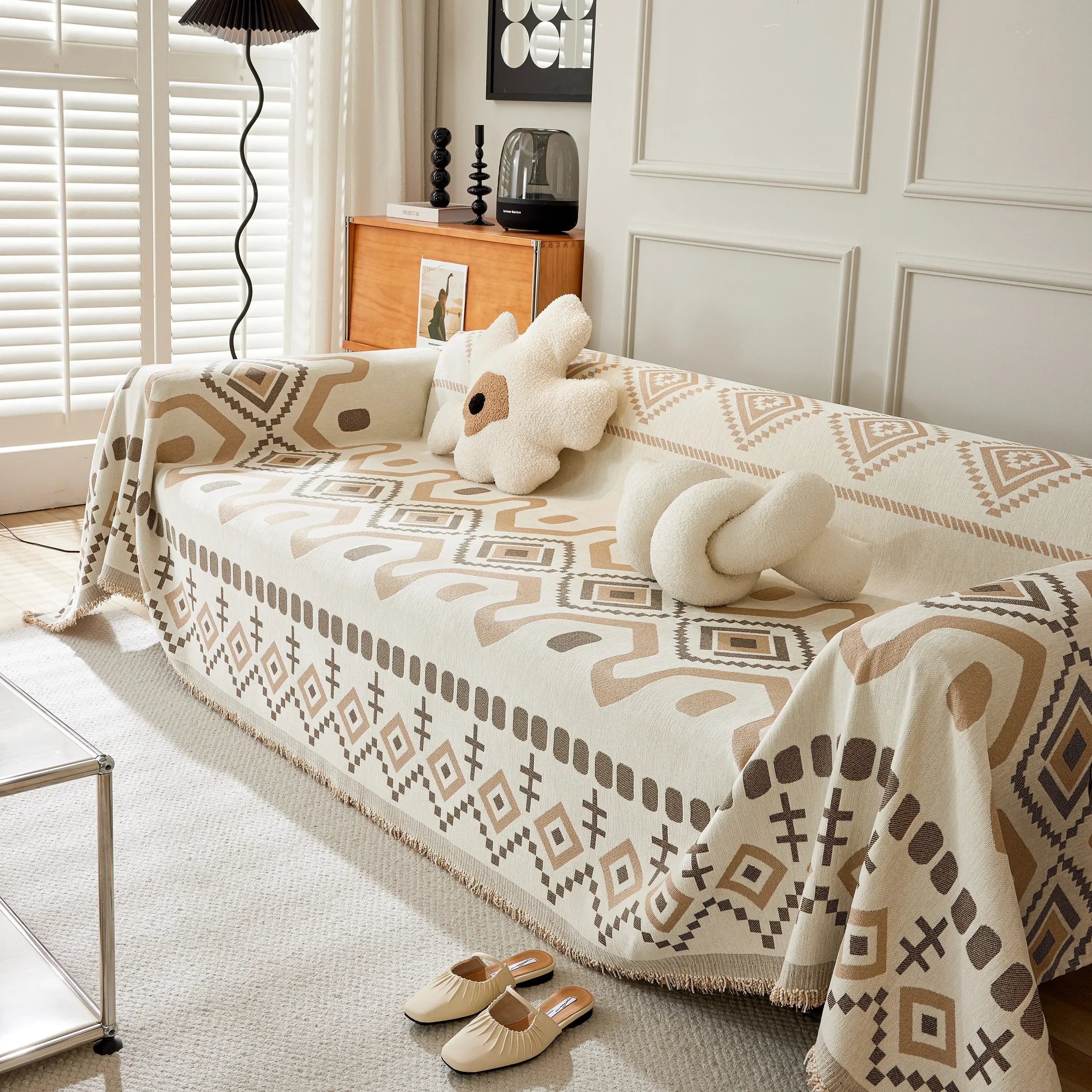 Boho Geometric Chenille Throw Sofa Cover Soft Textured Decorative Couch Blanket - TaroTextile