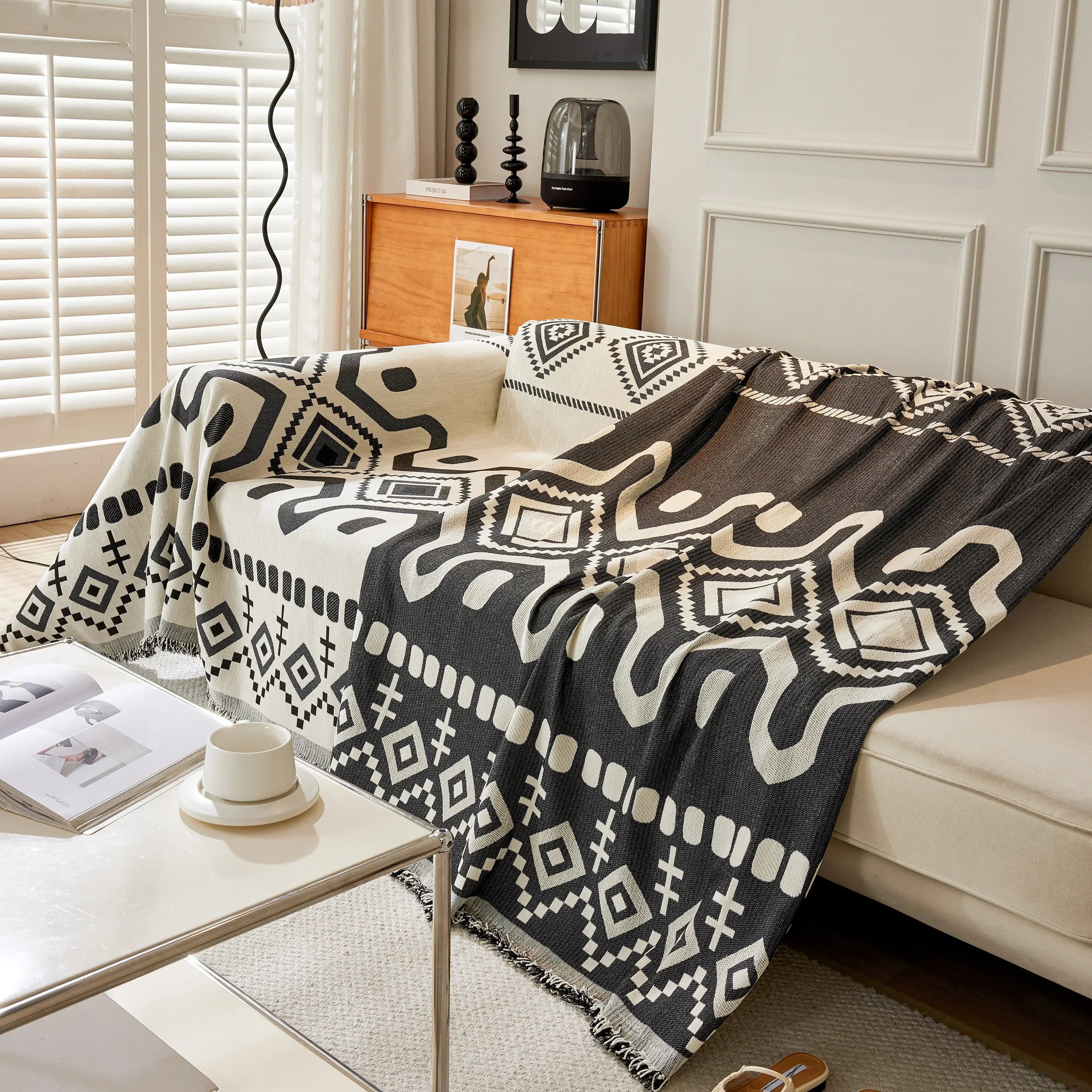 Boho Geometric Chenille Throw Sofa Cover Soft Textured Decorative Couch Blanket - TaroTextile