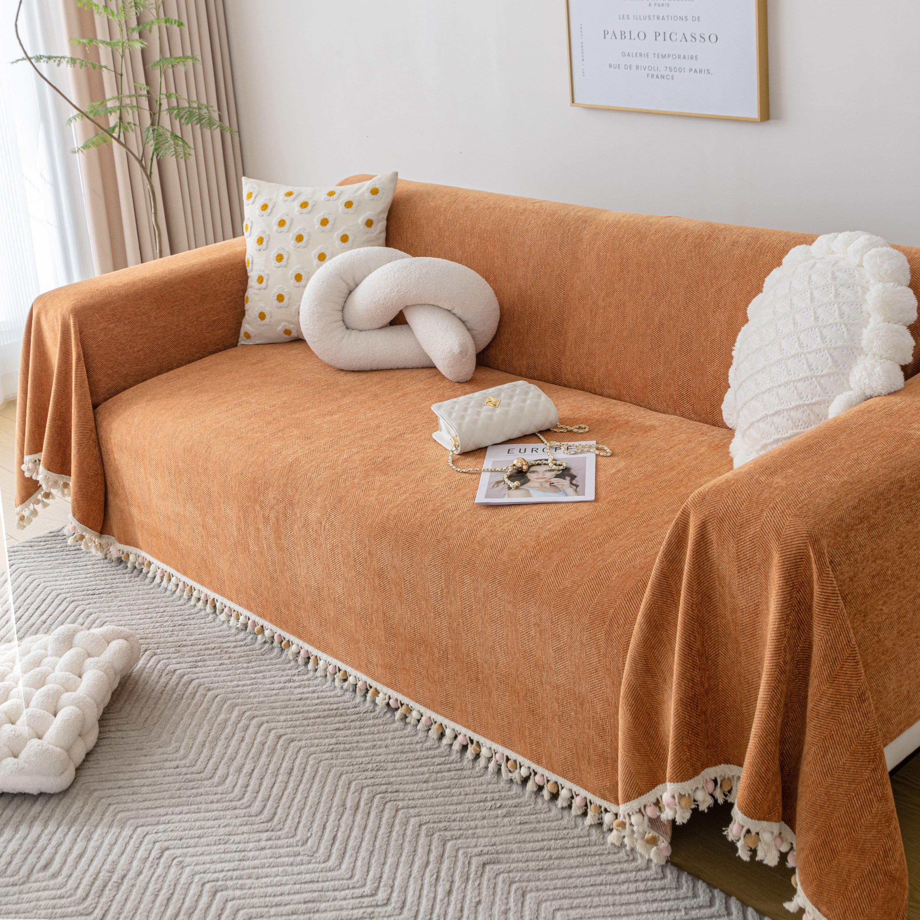 Boho Herringbone Sofa Throw Blanket with Pom Pom Tassels Stylish Furniture Slipcover - TaroTextile