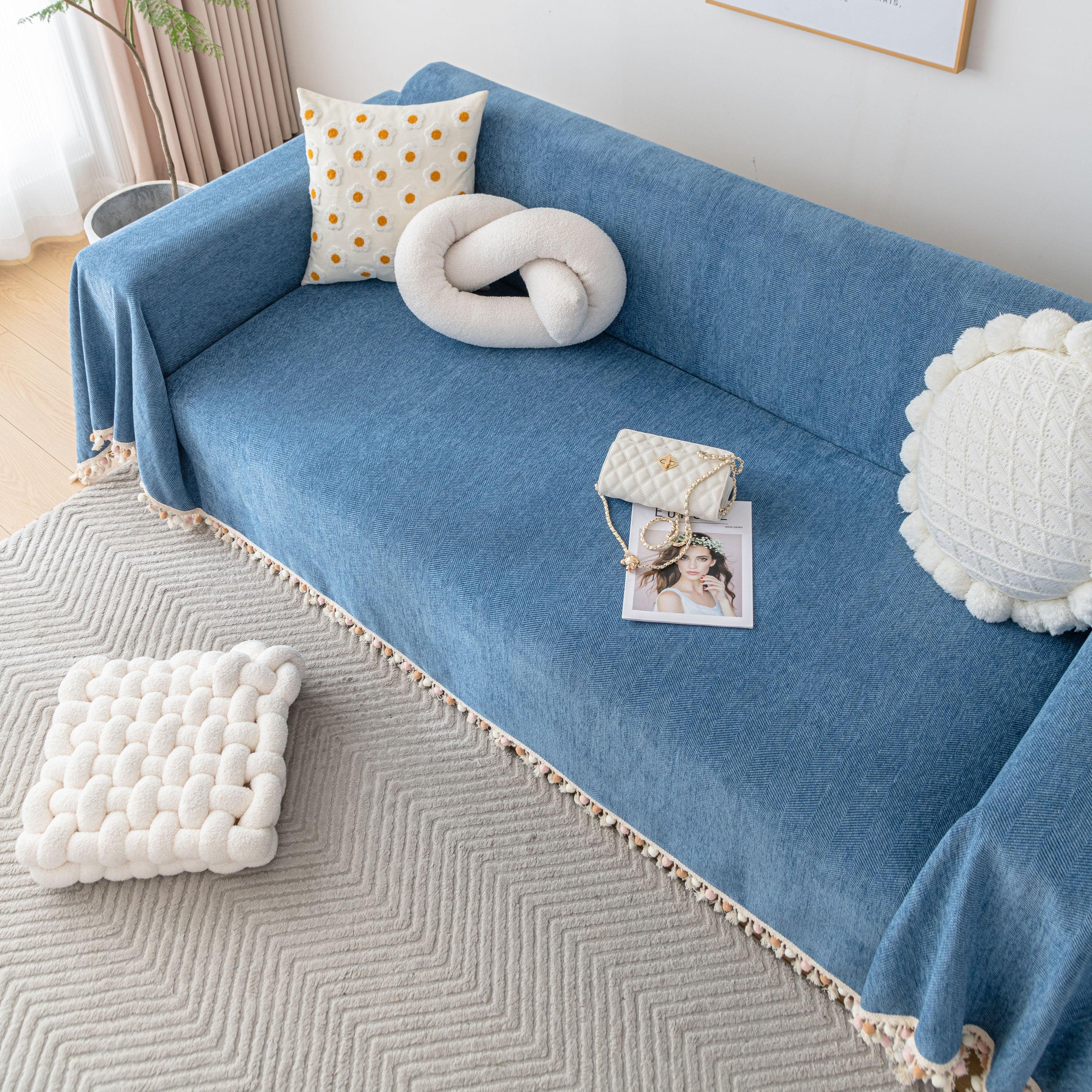 Boho Herringbone Sofa Throw Blanket with Pom Pom Tassels Stylish Furniture Slipcover - TaroTextile