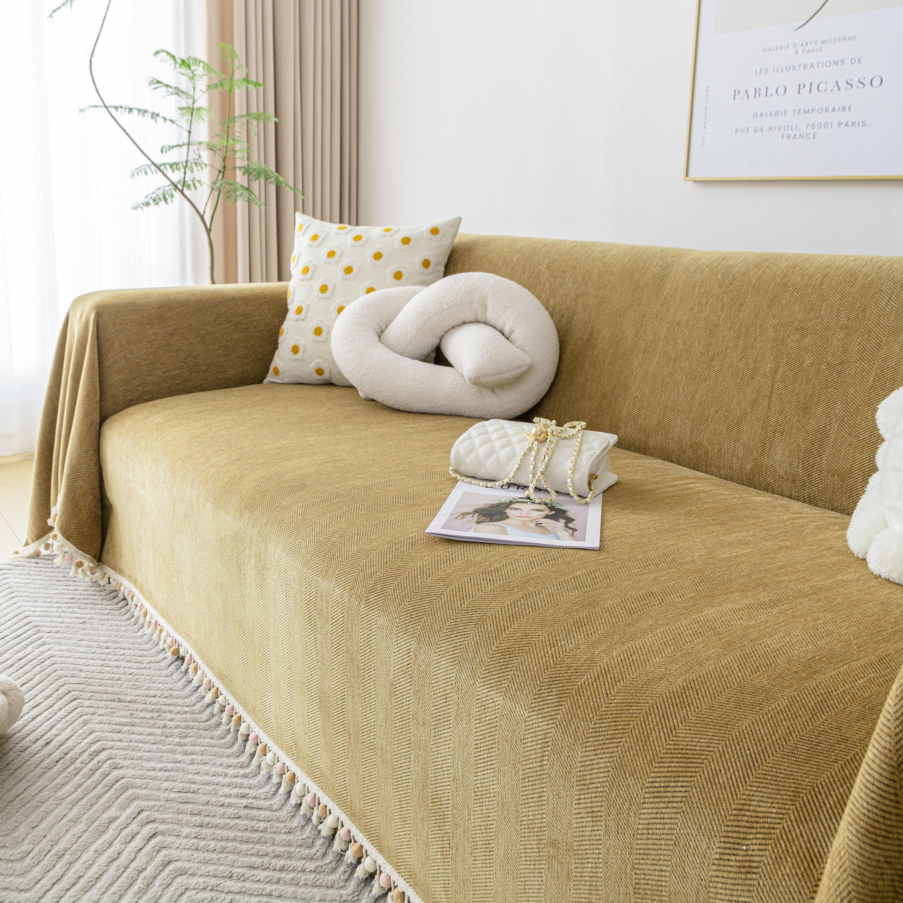 Boho Herringbone Sofa Throw Blanket with Pom Pom Tassels Stylish Furniture Slipcover - TaroTextile