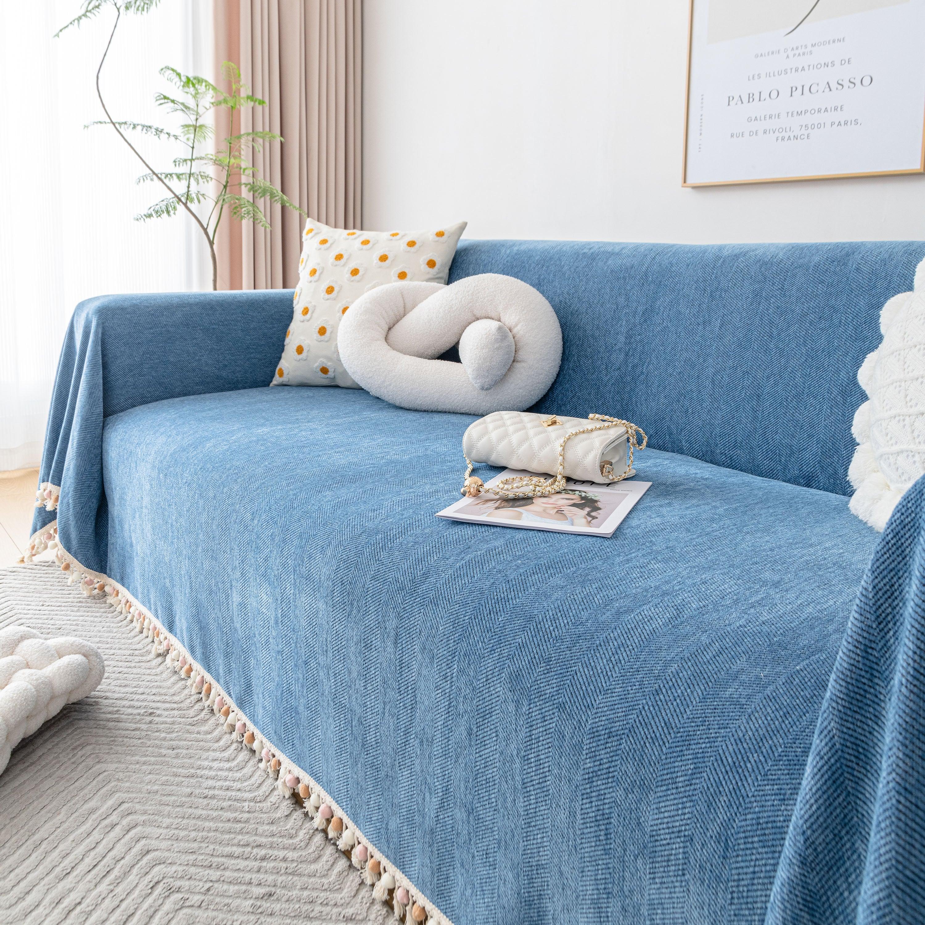 Boho Herringbone Sofa Throw Blanket with Pom Pom Tassels Stylish Furniture Slipcover - TaroTextile