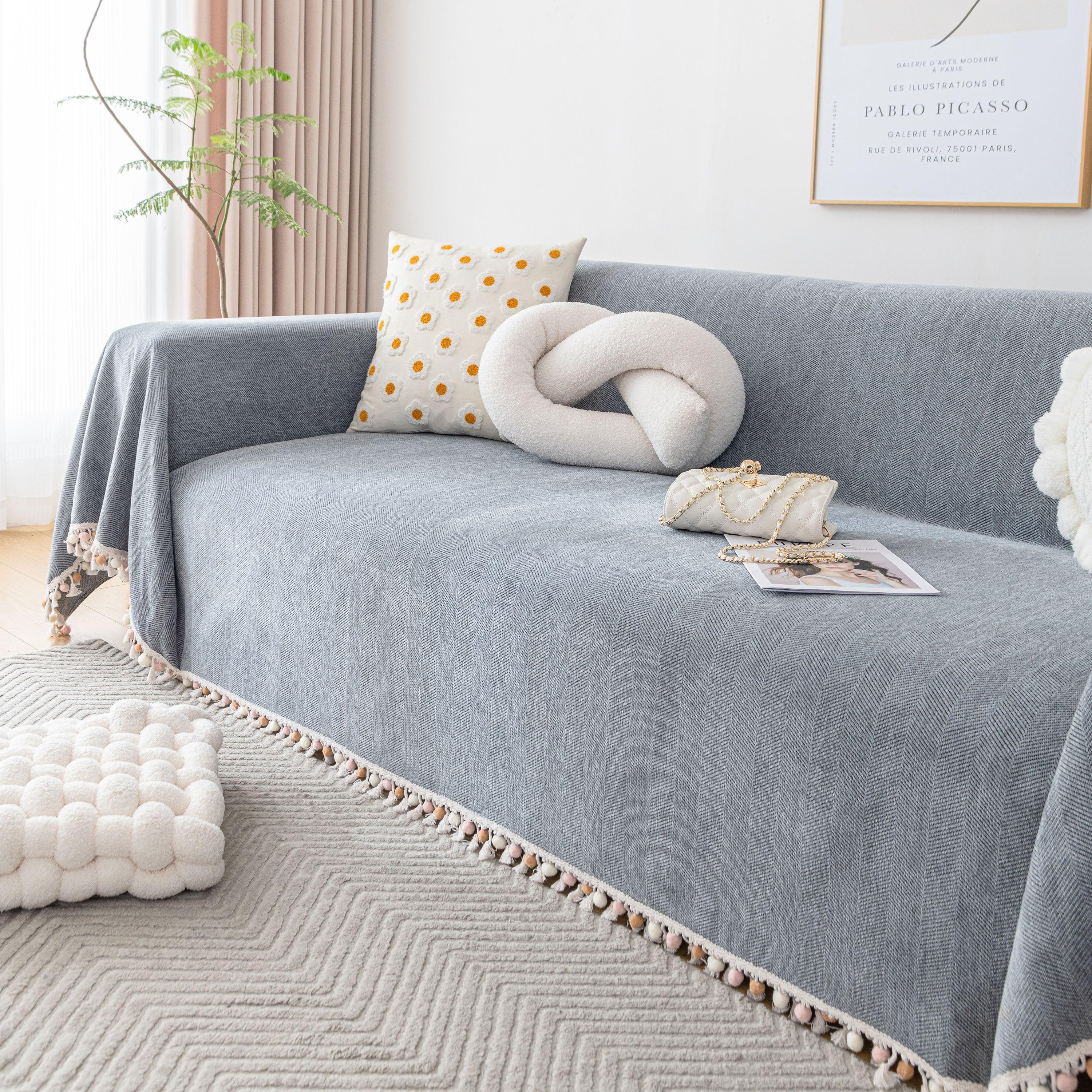 Boho Herringbone Sofa Throw Blanket with Pom Pom Tassels Stylish Furniture Slipcover - TaroTextile